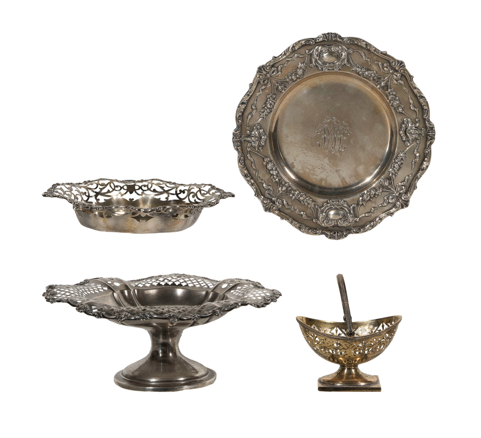 Gorham Sterling Silver Hollowware Assortment: Gorham Sterling Silver Hollowware Assortment (4) items including a pierced compote, a bon bon basket, an oval bowl as well as a solid tray, all having floral accents (all marked 'sterling') Property f