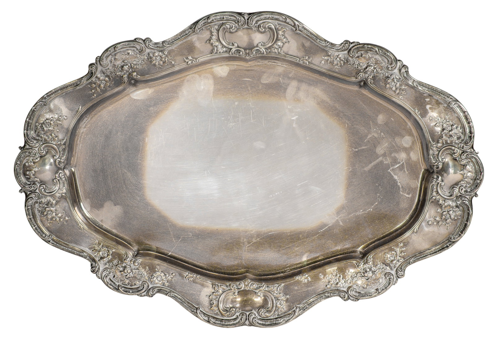 Gorham Sterling Silver Tray: Gorham Sterling Silver Tray Oval having a Rococo rim in a floral and scroll repousse pattern (marked 'sterling') Property from: a Private Collector, Wheaton, Illinois Length: 21 inches, Width: 14 1/4 