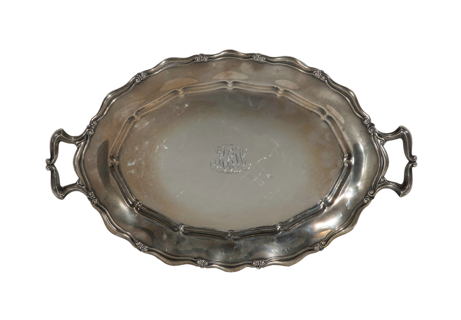 Gorham Sterling Silver Tray: Gorham Sterling Silver Tray An oval two-handle tray having scroll and bead scalloped edges (marked 'sterling' ) Property from: a Private Collector, Wheaton, Illinois Length: 17 1/4 inches, Width: 10
