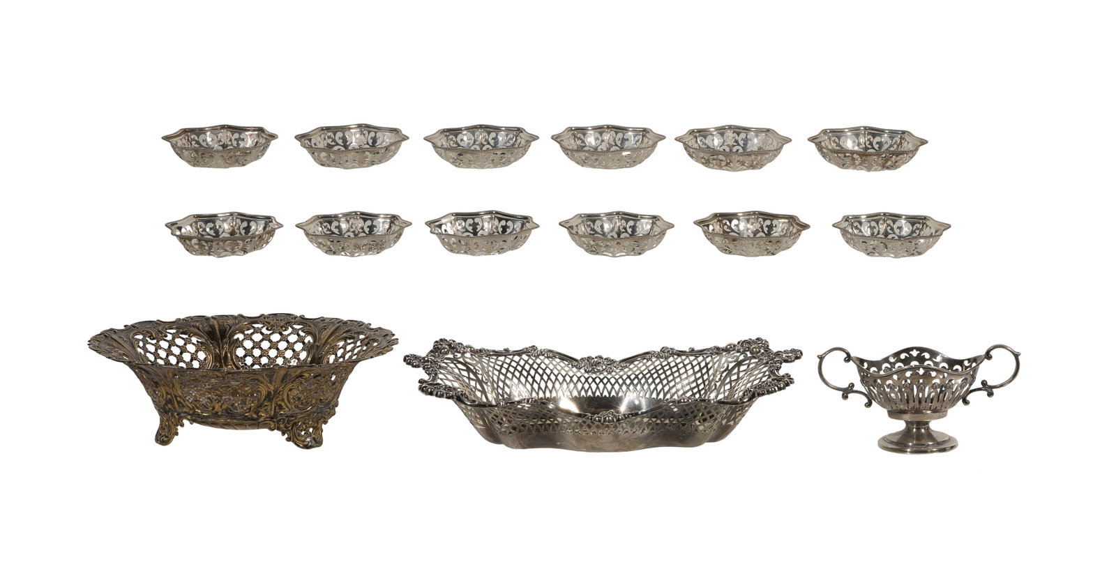 Sterling Silver Hollowware Assortment: Sterling Silver Hollowware Assortment (15) items including a set of (12) mint dishes, a pierced overlay and (2) pierced bowls (all marked 'sterling') Property from: a Private Collector, Wheaton,