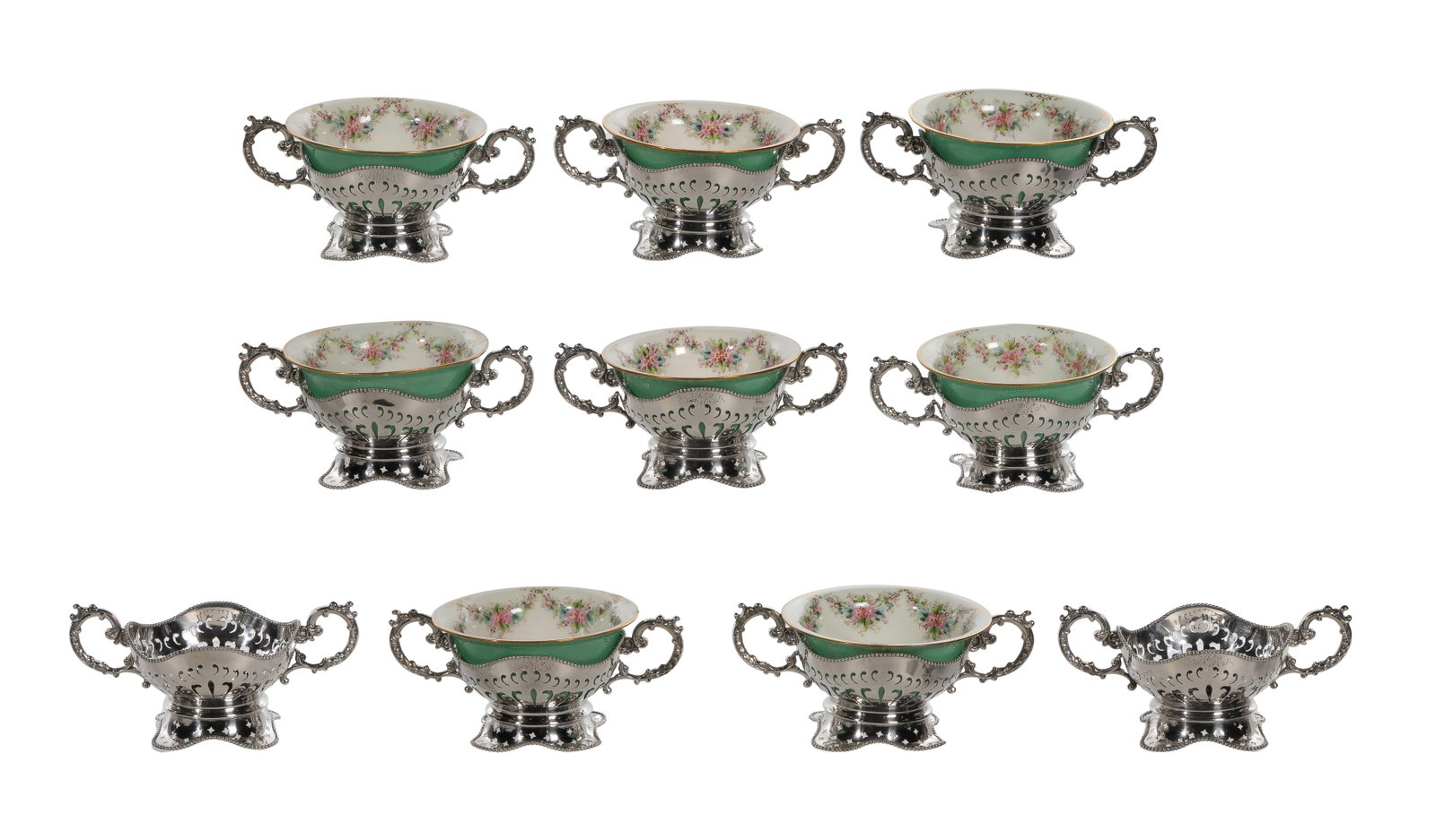 Sterling Silver Bouillon Cup Suite: Sterling Silver Bouillon Cup Suite (20) total items including (12) double handled bullion cup holders (marked 'sterling'); together with (8) Lenox inserts Property from: a Private Collector, Chicago