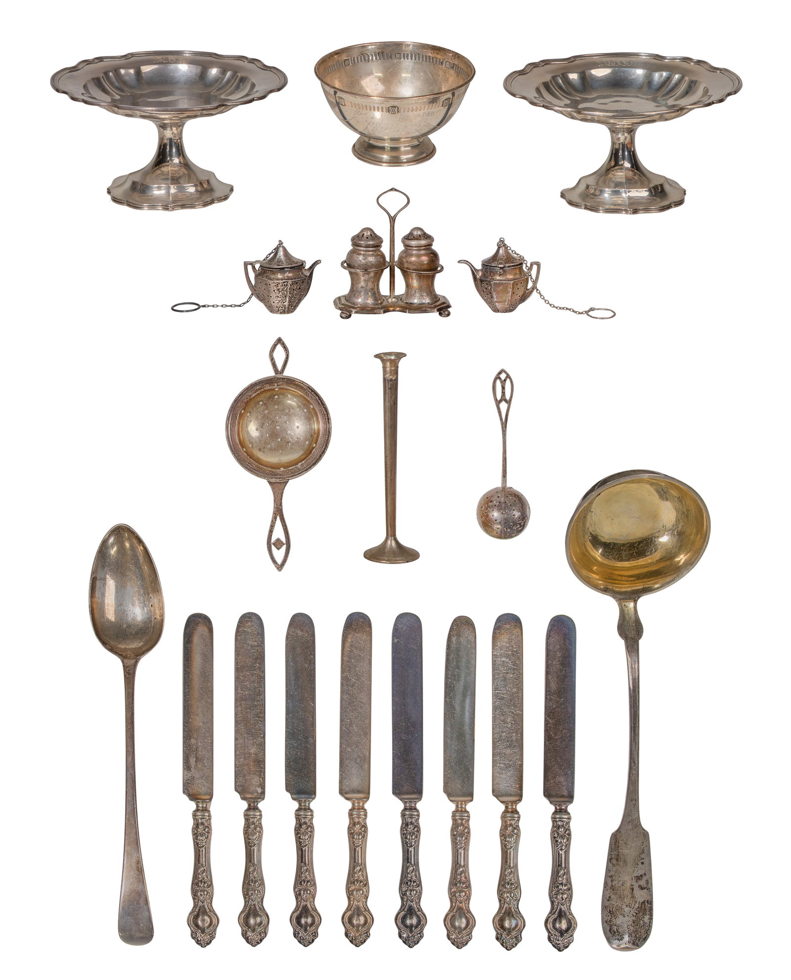Sterling Silver and European Silver (800) Object Assortment: Sterling Silver and European Silver (800) Object Assortment (19) items including a serving spoon (marked lion passant), (3) tea balls, a strainer, a sherbet cup holder, a salt and pepper set having ca