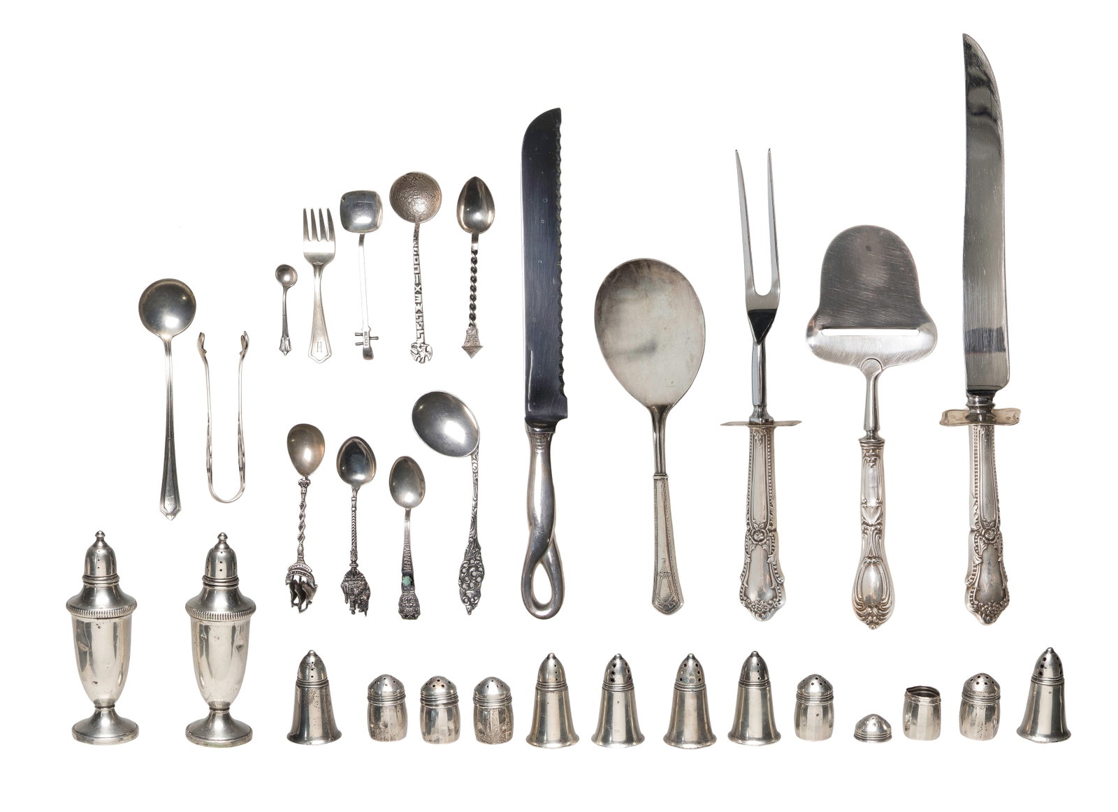 Sterling and Coin (900) Silver Object Assortment: Sterling and Coin (900) Silver Object Assortment An Elsa Peretti for Tiffany & Co. bread knife in original box as well as a carving set, salt and pepper shakers, souvenir spoons, baby flatware and