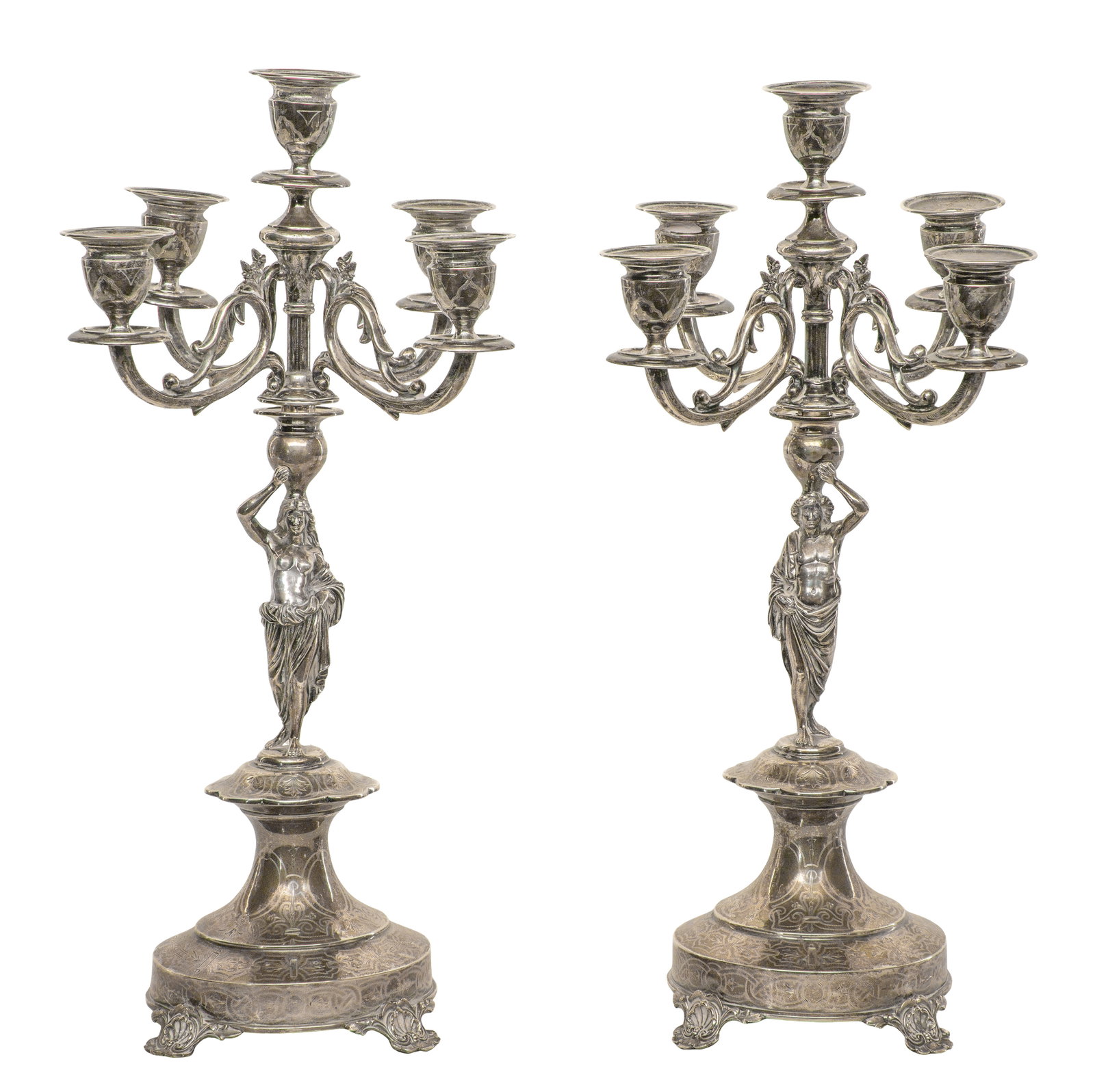 European Silver (800) Candelabras: European Silver (800) Candelabras (2) items having male and female caryatid stems carrying a vase leading up to five arms, etched bases, shell feet (marked 'AP', unmarked 0.800) Property from: a Priva