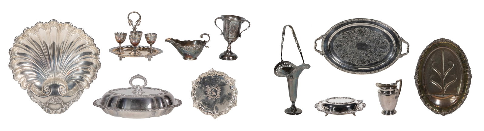 Silverplate Hollowware Assortment: Silverplate Hollowware Assortment Approximately (50) items including platters, trays, bowls, a pitcher, a vase, lidded serving dishes, centerpiece baskets, tazzas, toast racks, a dish cross folding