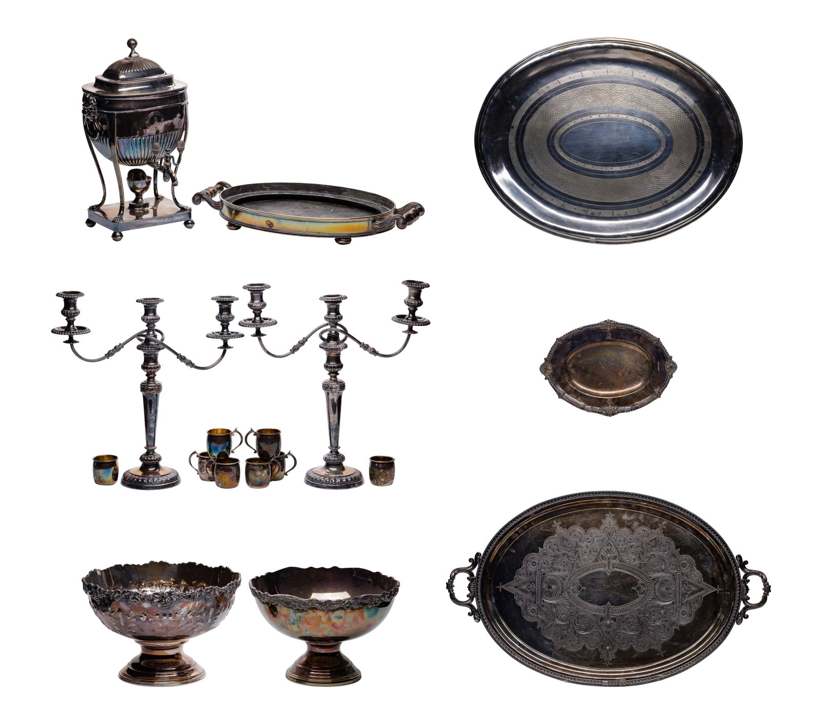 Silverplate Hollowware Assortment: Silverplate Hollowware Assortment (8) items including trays, punch bowls, coffee server and candelabras, a tray by Boulenger Property from: a Private Collector, Wheaton, Illinois Height: 19 inches,
