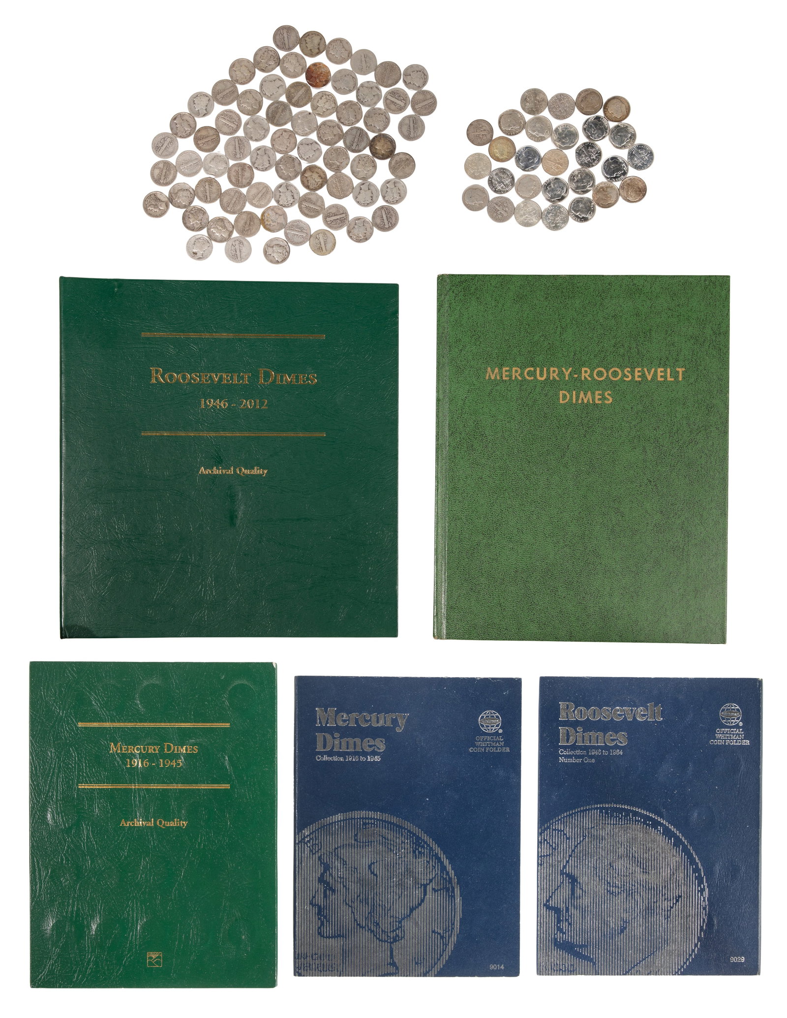 US 10c Assortment: US 10c Assortment $36.20 face value US 90% silver including (207) Mercury 10c and (155) Roosevelt 10c, most contained in partial set coin folders Property from: a Private Collector, Palatine,