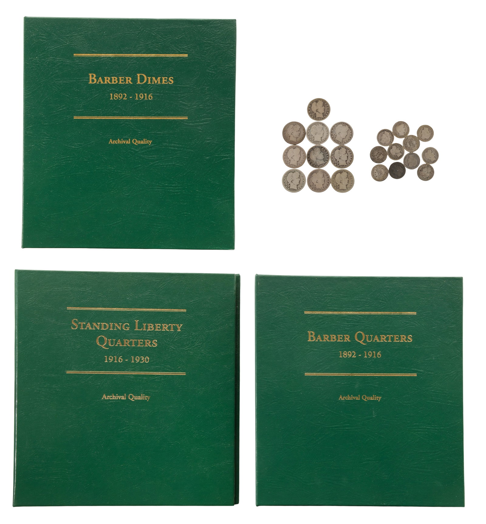 US 10c and 25c Assortment: US 10c and 25c Assortment $24.35 face value US 90% silver including (52) Barber 25c, (15) Standing Liberty 25c and (76) Barber 10c, most contained in partial set coin folders Property from: a Private