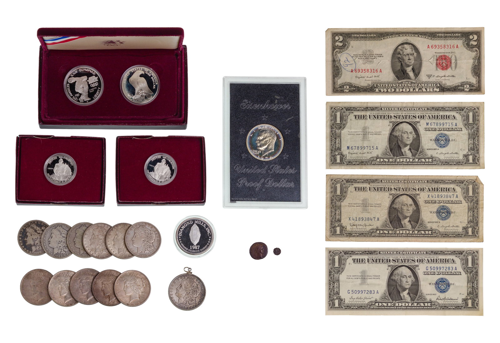 US Coin and Currency Assortment: US Coin and Currency Assortment Including (7) Morgan $1, (5) Peace $1, a 1974 Eisenhower proof $1, (2) 1982 Washington 50c, a 1984 Los Angeles Olympics coin set, a 1987 Diamond Mills 0.999 1oz silver 
