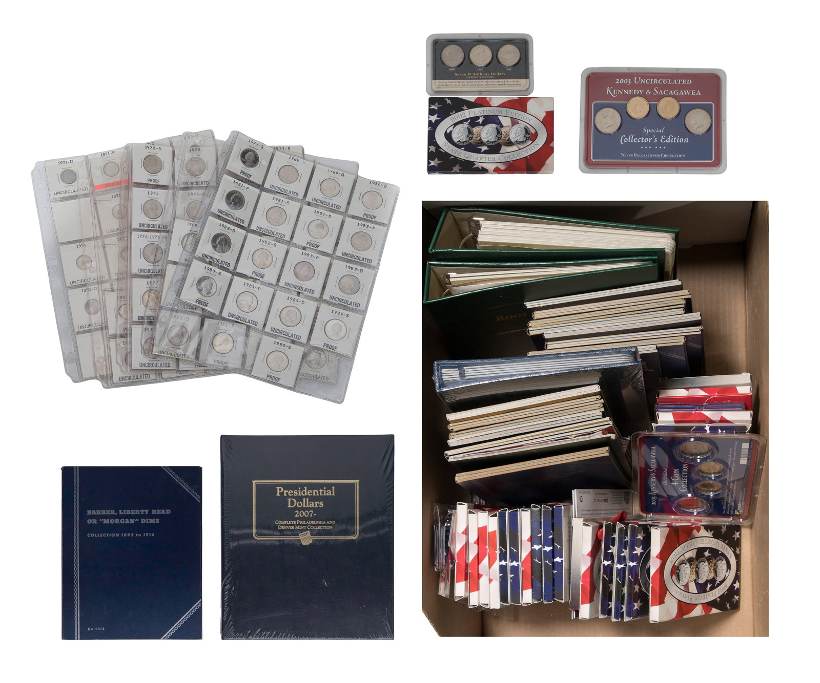 US Miscellaneous Coin Assortment: US Miscellaneous Coin Assortment Including boxed State Quarter sets from (2) 1999, (2) 2000, (2) 2001, (2) 2002, (6) 2003, (2) 2004, (2) 2005 and (2) 2006, (5) pages of uncirculated 25c, (2) boxed