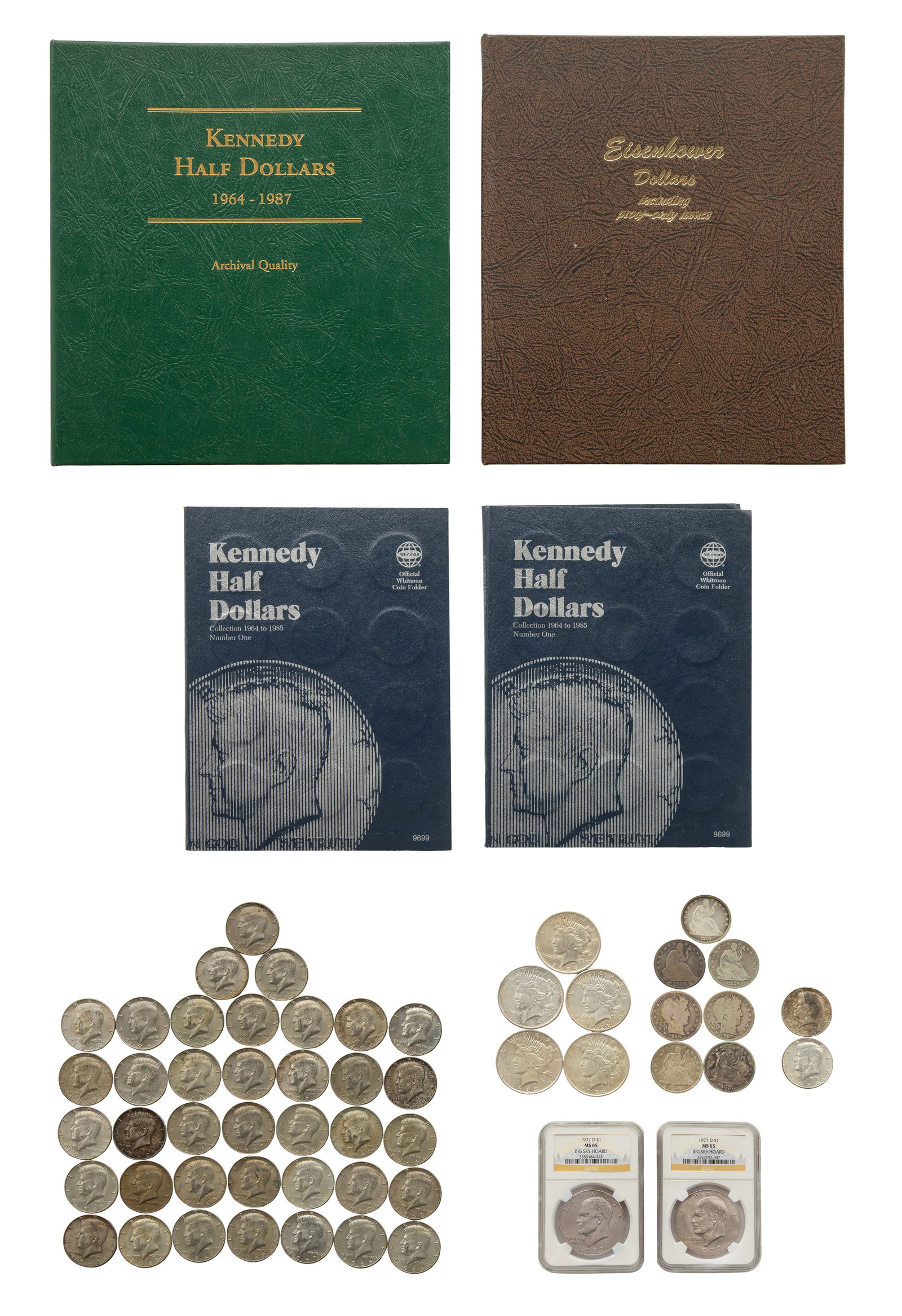 US Coin Assortment: US Coin Assortment $12.50 face value US 90% silver including (5) Peace $1, (5) Seated 50c, (2) Barber 50c and (8) Kennedy 50c, $41.50 US 40% silver including (10) Eisenhower $1 and (63) Kennedy 50c, m