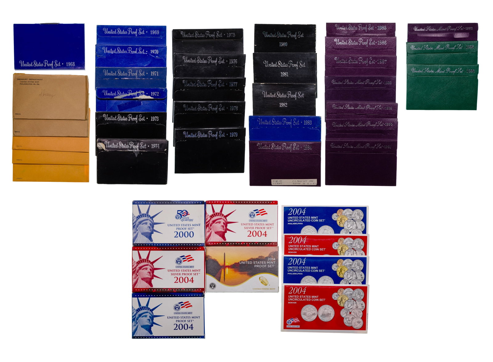 US Mint Set, World Coin and Currency Assortment: US Mint Set, World Coin and Currency Assortment Including a 1982 George Washington commemorative 50c proof 0.900 silver, a 1999 Canadian $5 Maple Leaf 0.999 silver, (40) US Mint sets including proof s