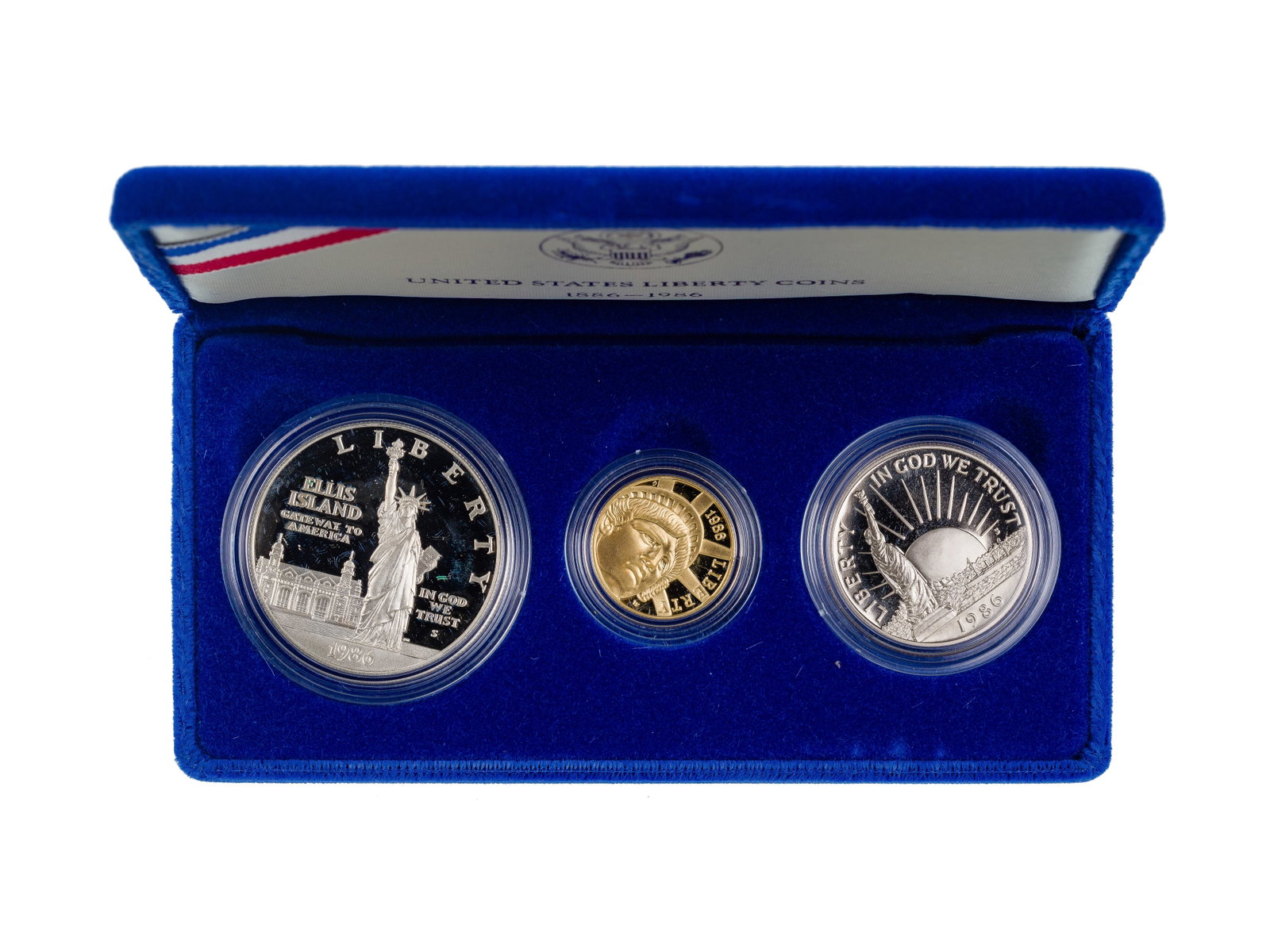 1986 US Liberty Gold Coin Set: 1986 US Liberty Gold Coin Set (3) coin set having presentation box Property from: a Private Collector, Rockford, Illinois Category: Bullion Coins > Gold Bullion Estimated Sale Time: 6:23 pm CST Shippi