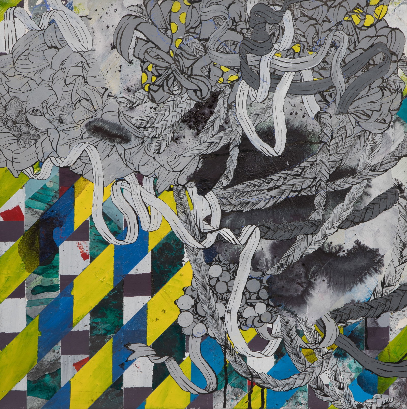 Kathleen Tzu-Lan Mann (French, 20th Century) Mixed Media on Canvas: Kathleen Tzu-Lan Mann (French, 20th Century) Mixed Media on Canvas 2010, signed and titled verso, having chaotic ribbons and braids against rigid, hard-edged geometric structures and checkered lattice