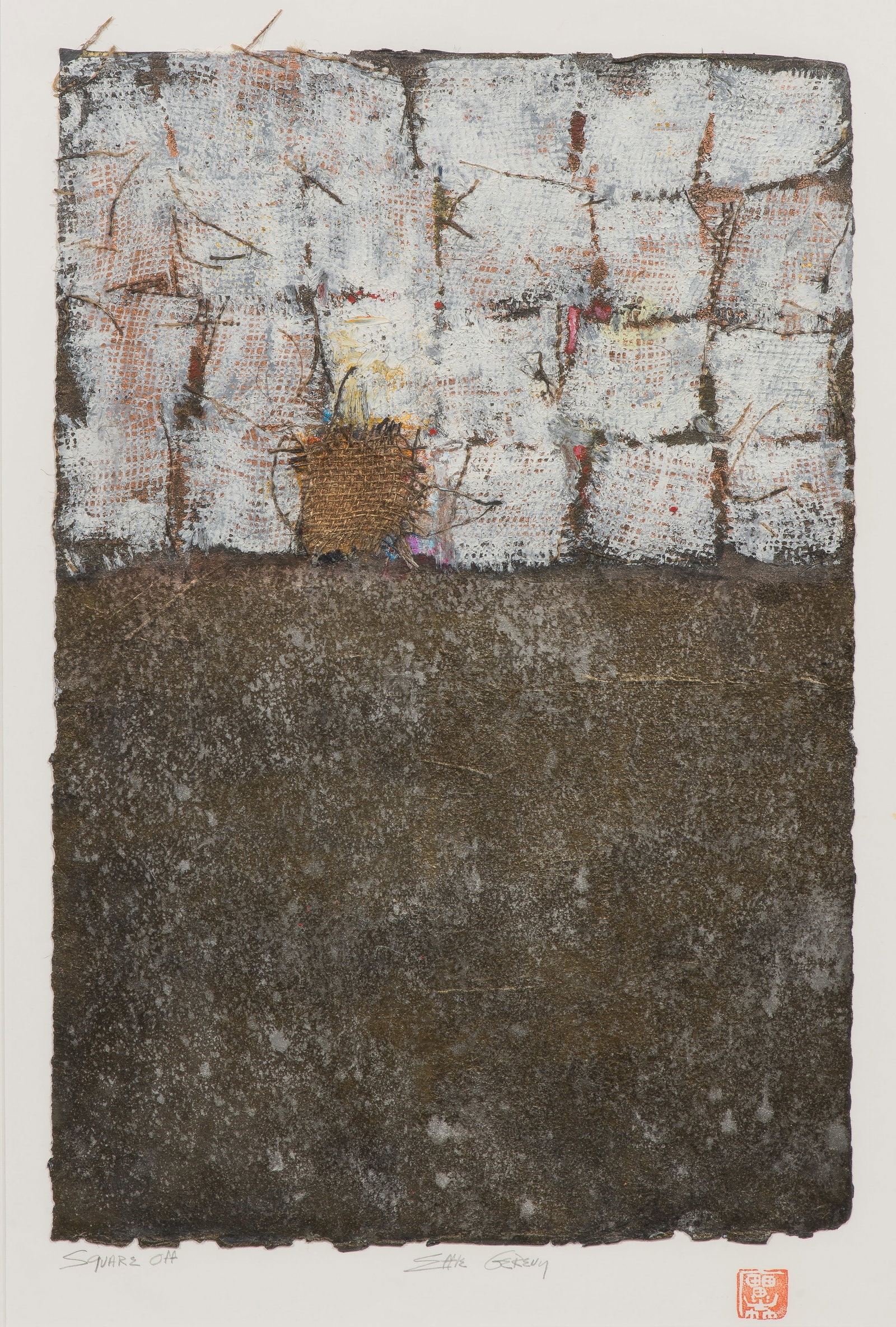 Effie Gereny (American, b.1940) 'Square Off' Mixed Media: Effie Gereny (American, b.1940) 'Square Off' Mixed Media Undated, pencil signed and titled, traditional red stamp, a modernist abstraction having layered textures, grid-like geometric patterns and org
