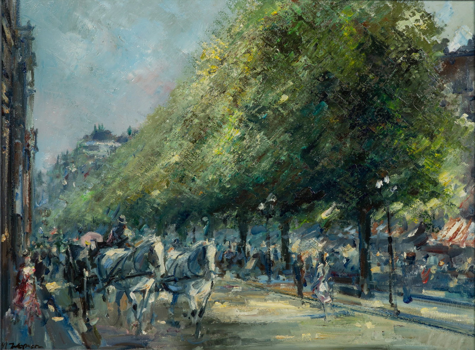 M. Wagner (European, 20th Century) 'Carriage' Oil on Canvas: M. Wagner (European, 20th Century) 'Carriage' Oil on Canvas Undated, signed, titled verso, depicting a street scene, in a copper-tone wood frame, retaining W. T. Bruger Co. label and biography verso P