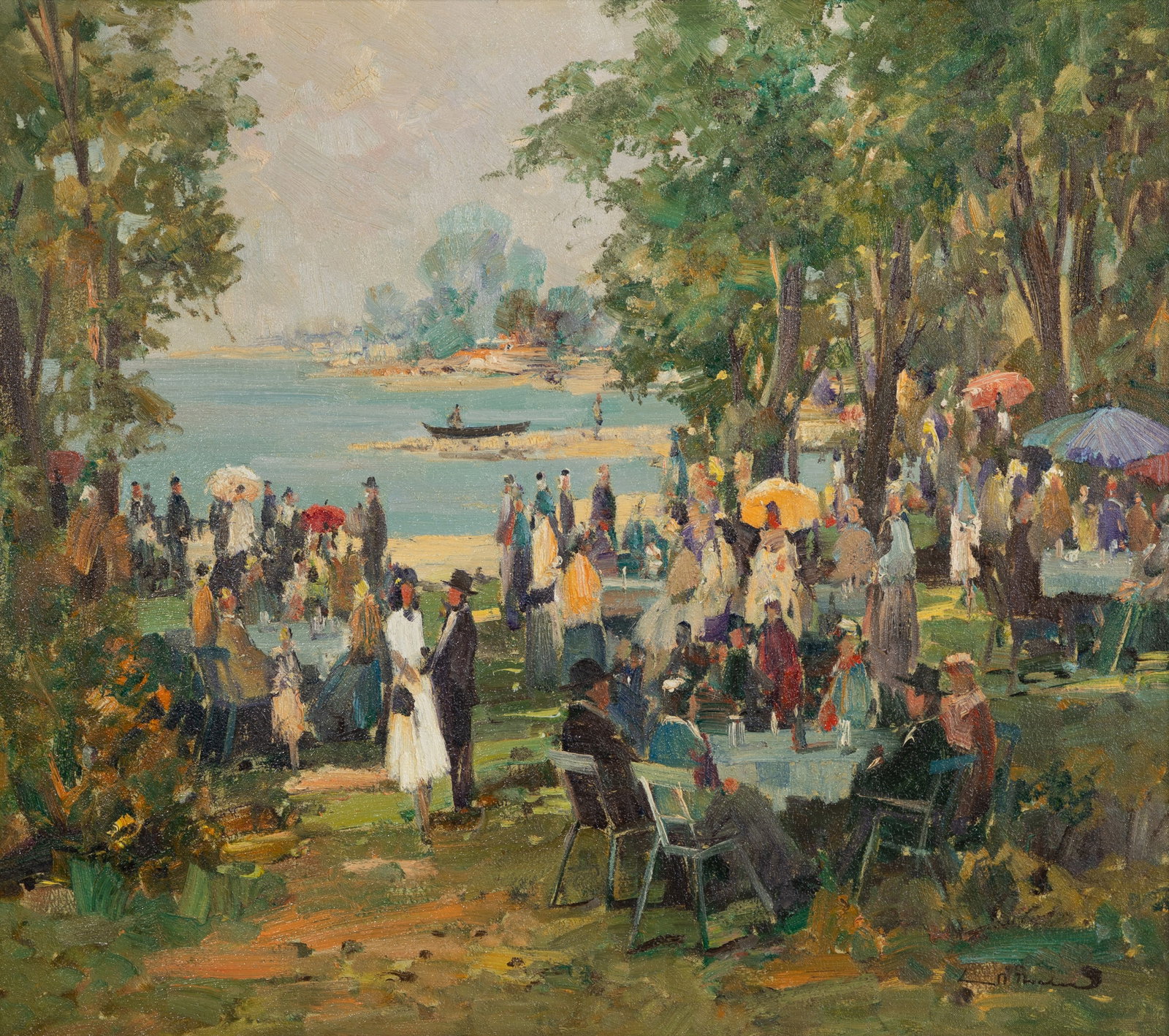 Wilhelm Thelen (German, 1917-1985) Oil on Canvas: Wilhelm Thelen (German, 1917-1985) Oil on Canvas Undated, signed, depicting a coastal picnic, in a gold-tone wood frame Property from: an Estate, Wilmette, Illinois Height: 27 1/2 inches, Width: 31 in