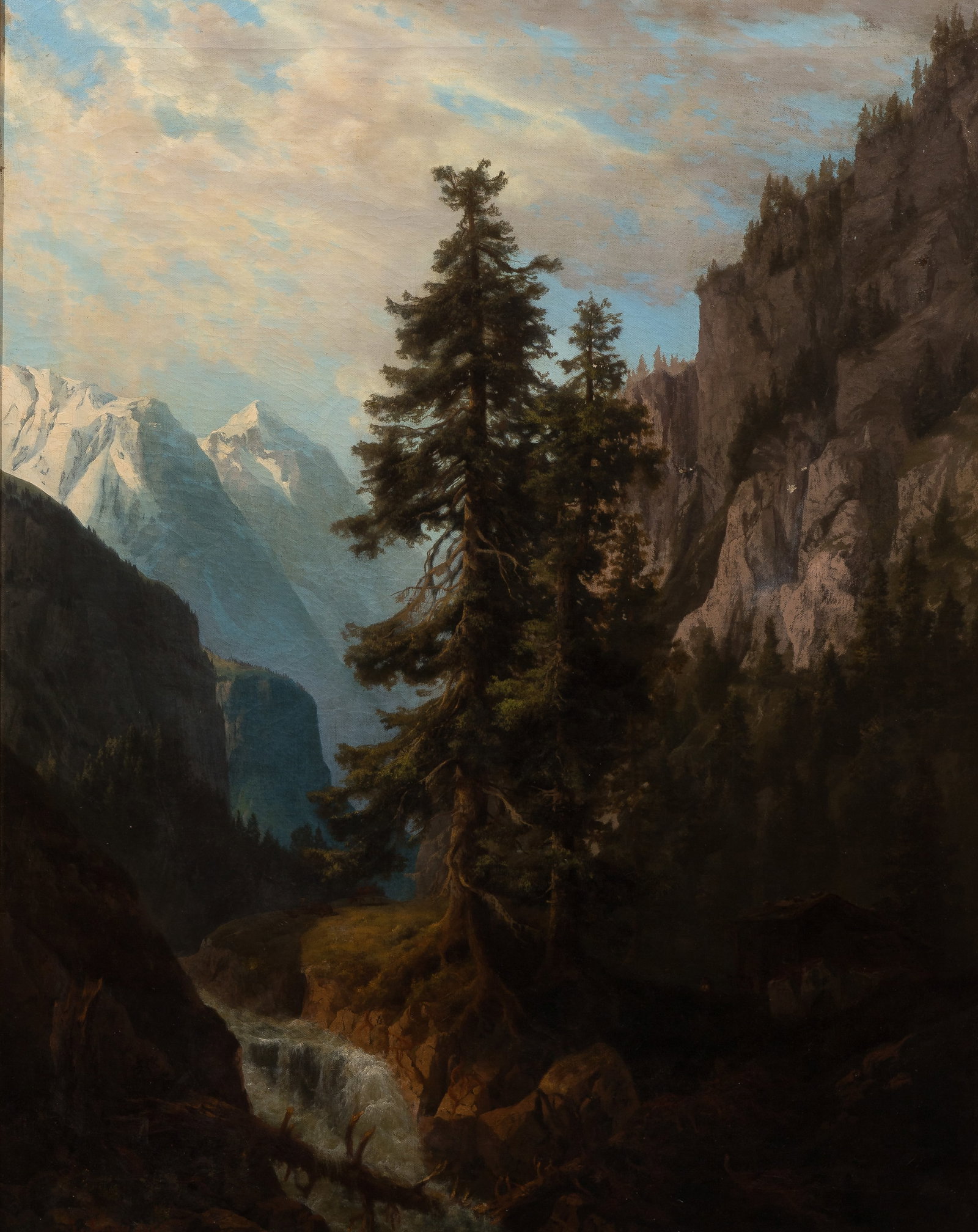 Arnold Jenny (Swiss, 1831-1881) 'Alpine Landscape' Oil on Canvas: Arnold Jenny (Swiss, 1831-1881) 'Alpine Landscape' Oil on Canvas 1868, signed, depicting a waterfall in a forested ravine, mountains in the distance, in a gold-tone gesso on carved wood frame Property