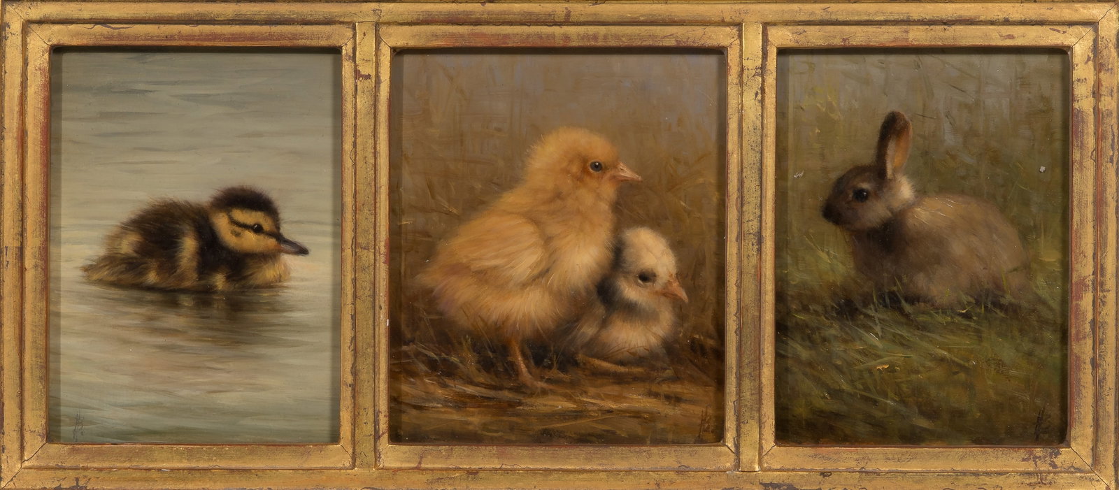 Andre Balyon (Dutch, b.1951) 'Spring is in the Air' Oil on Panel: Andre Balyon (Dutch, b.1951) 'Spring is in the Air' Oil on Panel 2011, signed and titled verso, depicting young animals including a duckling, chicks and a rabbit, a single panel behind a gilt divided 