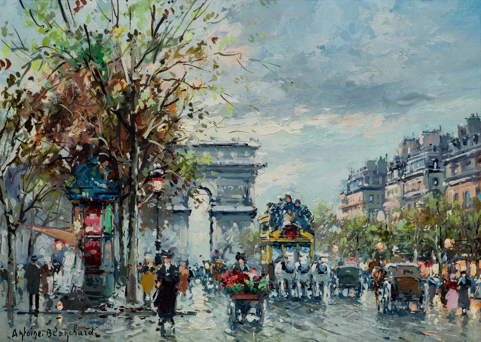 Antoine Blanchard (French, 1910-1988) 'Arc de Triomphe, Paris' Oil on Canvas: Antoine Blanchard (French, 1910-1988) 'Arc de Triomphe, Paris' Oil on Canvas Undated, signed lower left, depicting a Paris street scene near the Arc de Triomphe, in a velvet lined weathered wood frame