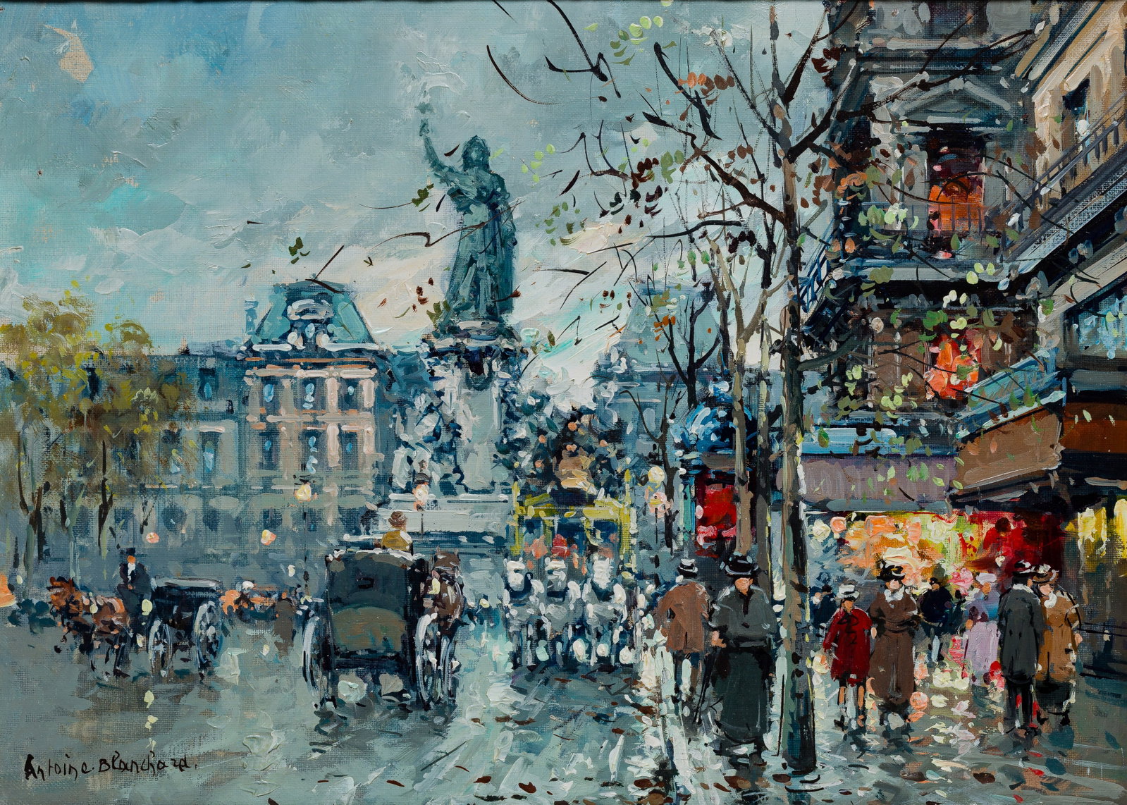 Antoine Blanchard (French, 1910-1988) 'Place de la Republique' Oil on Canvas: Antoine Blanchard (French, 1910-1988) 'Place de la Republique' Oil on Canvas Undated, signed lower left, depicting a Paris street scene, in a velvet lined weathered wood frame, having W. T. Burger Co.