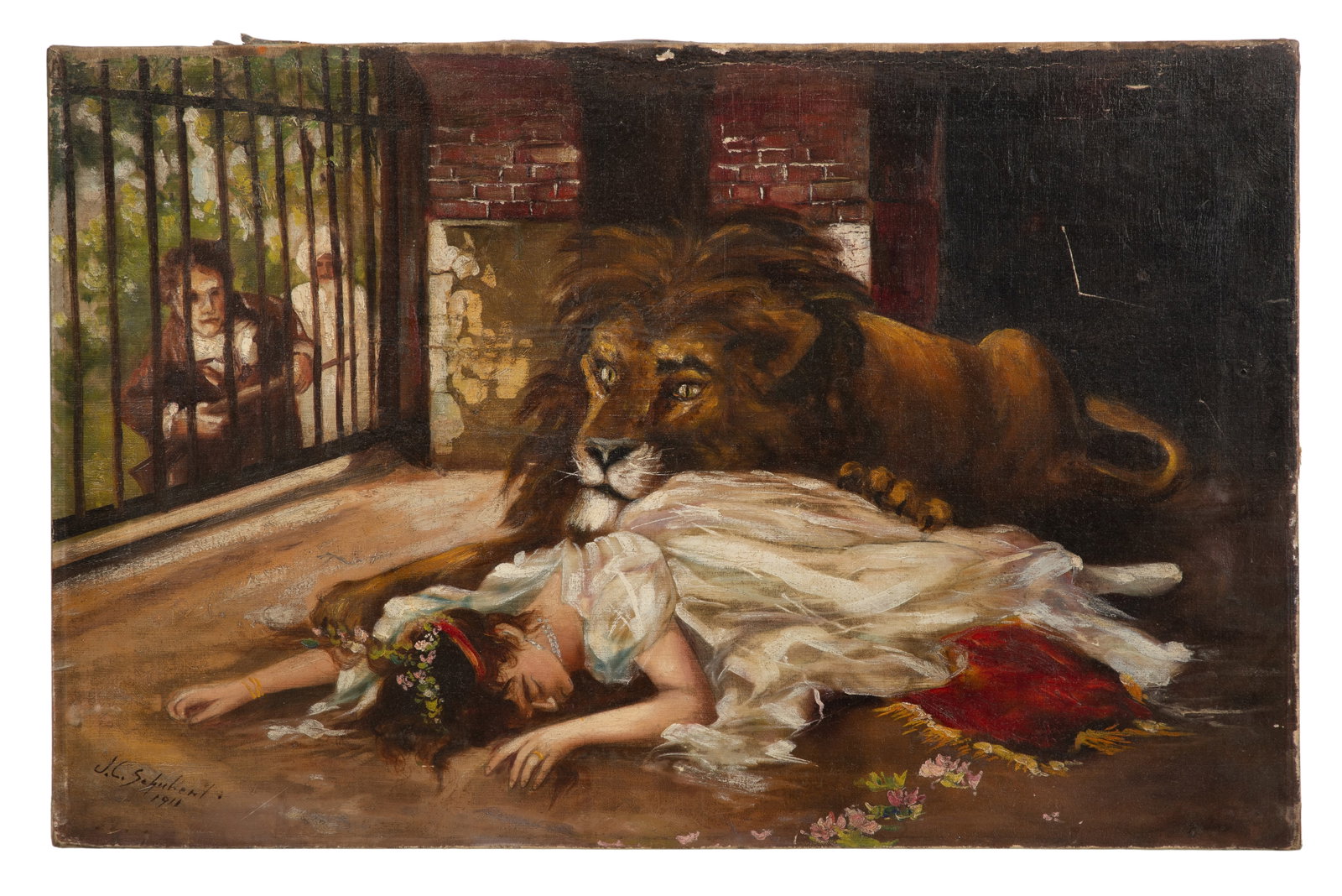 J. C. Schuler (American, 20th Century) Oil on Canvas: J. C. Schuler (American, 20th Century) Oil on Canvas 1911, signed, depicting a white garbed and flower bedecked girl face down in a lion cage as witnesses look on, unframed, a Chicago Conservation Cen