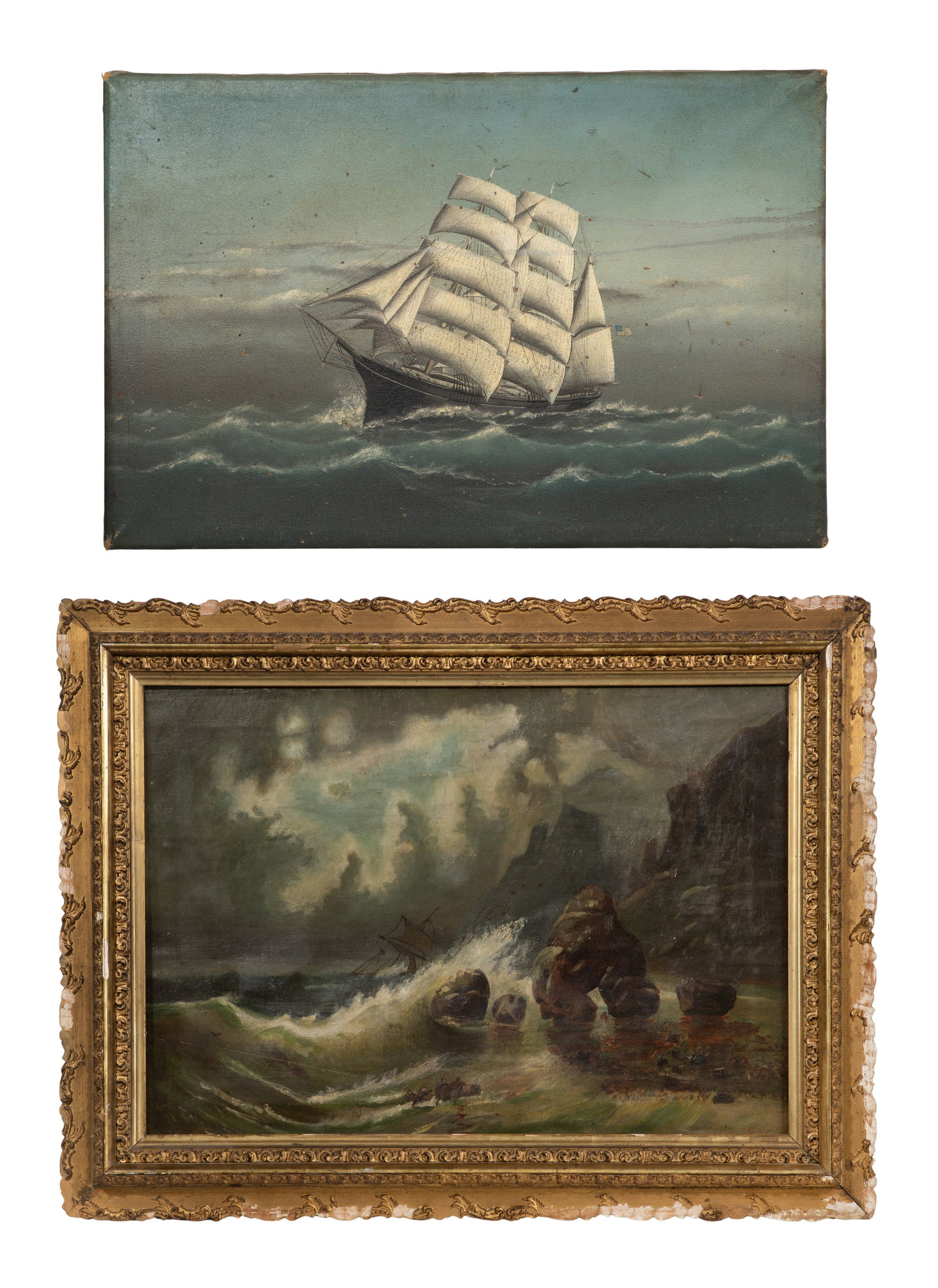 American School (19th Century) Oil on Canvas: American School (19th Century) Oil on Canvas (2) undated, unsigned items including a depiction of a ship in a storm, breaking up on a rocky shore, in a gold-tone gesso on carved wood frame and a depic