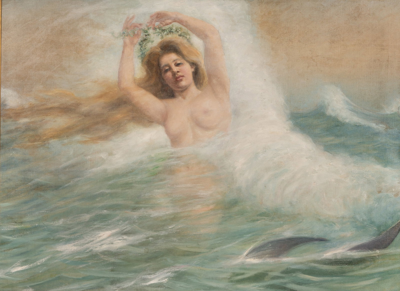 Unknown Artist (20th Century) Oil on Canvas: Unknown Artist (20th Century) Oil on Canvas Undated, unsigned, depicting a sea nymph rising from the waves, in a gold-tone gesso on carved wood frame Property from: an Estate, Chicago (Logan Square), 