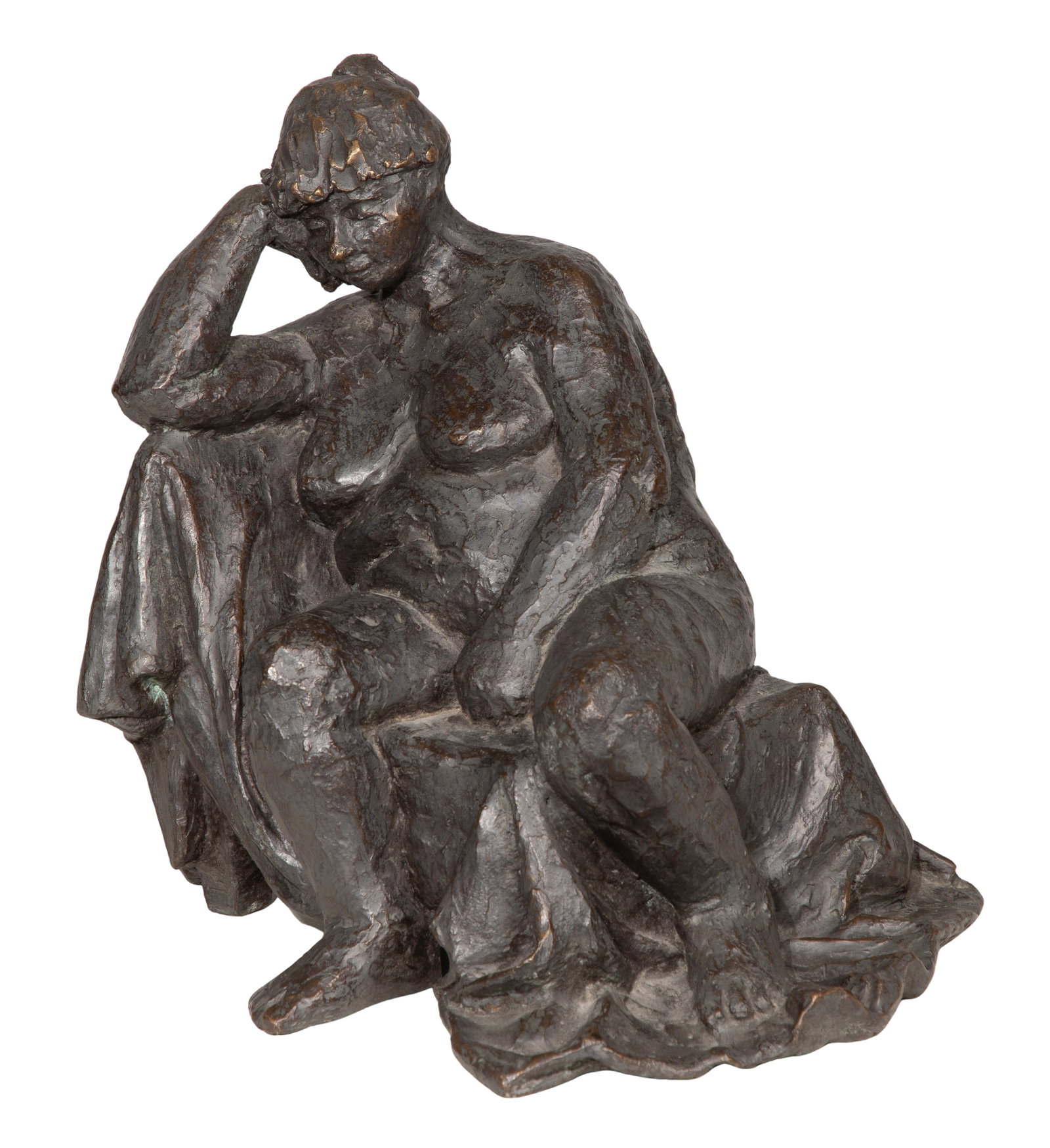 Unknown Artist (20th Century) Bronze Figural Sculpture: Unknown Artist (20th Century) Bronze Figural Sculpture Patinated bronze, indistinctly signed on drapery at lower right rear, depicting a seated nude on a drapery covered chair Property from: a Private