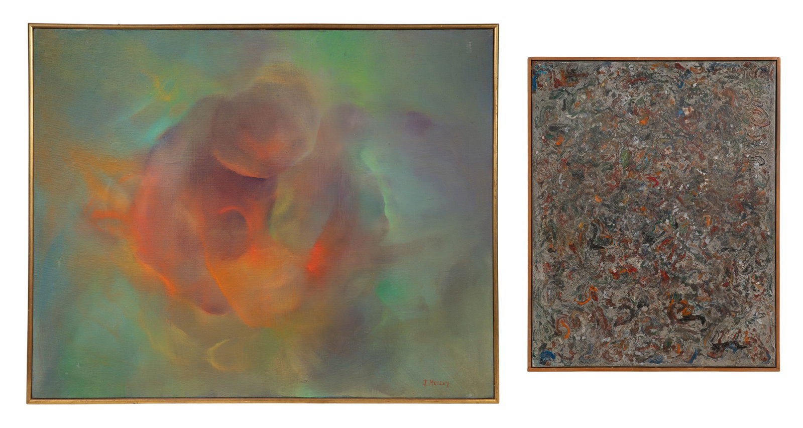 J. Motley (American, 20th Century) Oil on Canvas: J. Motley (American, 20th Century) Oil on Canvas (2) total items, including the undated, signed Motley, depicting a rose bloom, in a gold-tone faced wood lath frame; together with a 19.5 x 15.5-inch u