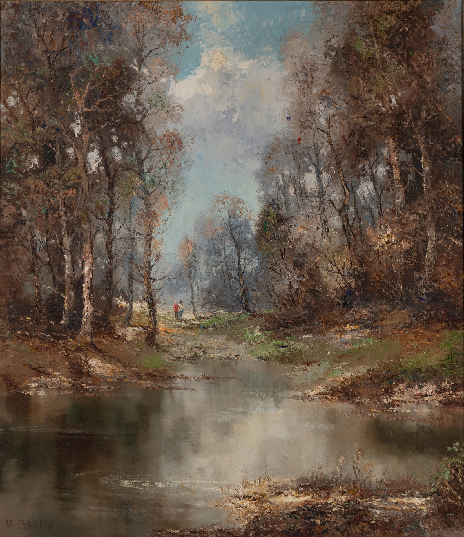 Willi Bauer (German, b.1923) Oil on Board: Willi Bauer (German, b.1923) Oil on Board Undated, signed, depicting figures walking near a forest pond, in a gray-washed gold-tone composite on wood frame Property from: an Estate, Chicago (Logan Squ