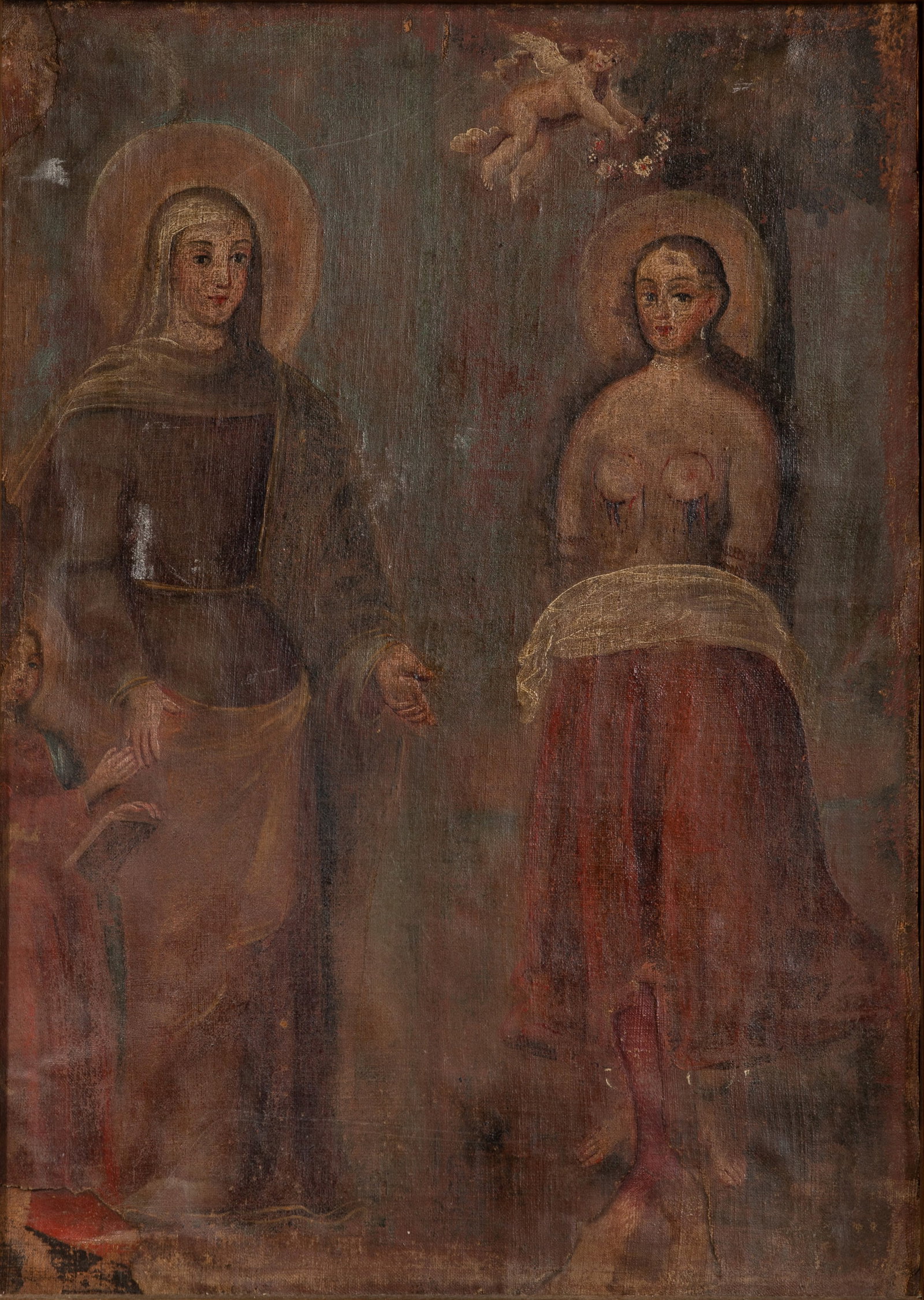 Unknown Artist (Continental School, 18th / 19th Century) Oil on Canvas: Unknown Artist (Continental School, 18th / 19th Century) Oil on Canvas Undated, unsigned, depicting Saint Rose of Viterbo and Saint Agatha of Sicily, in a painted, carved wood frame Property from: an 