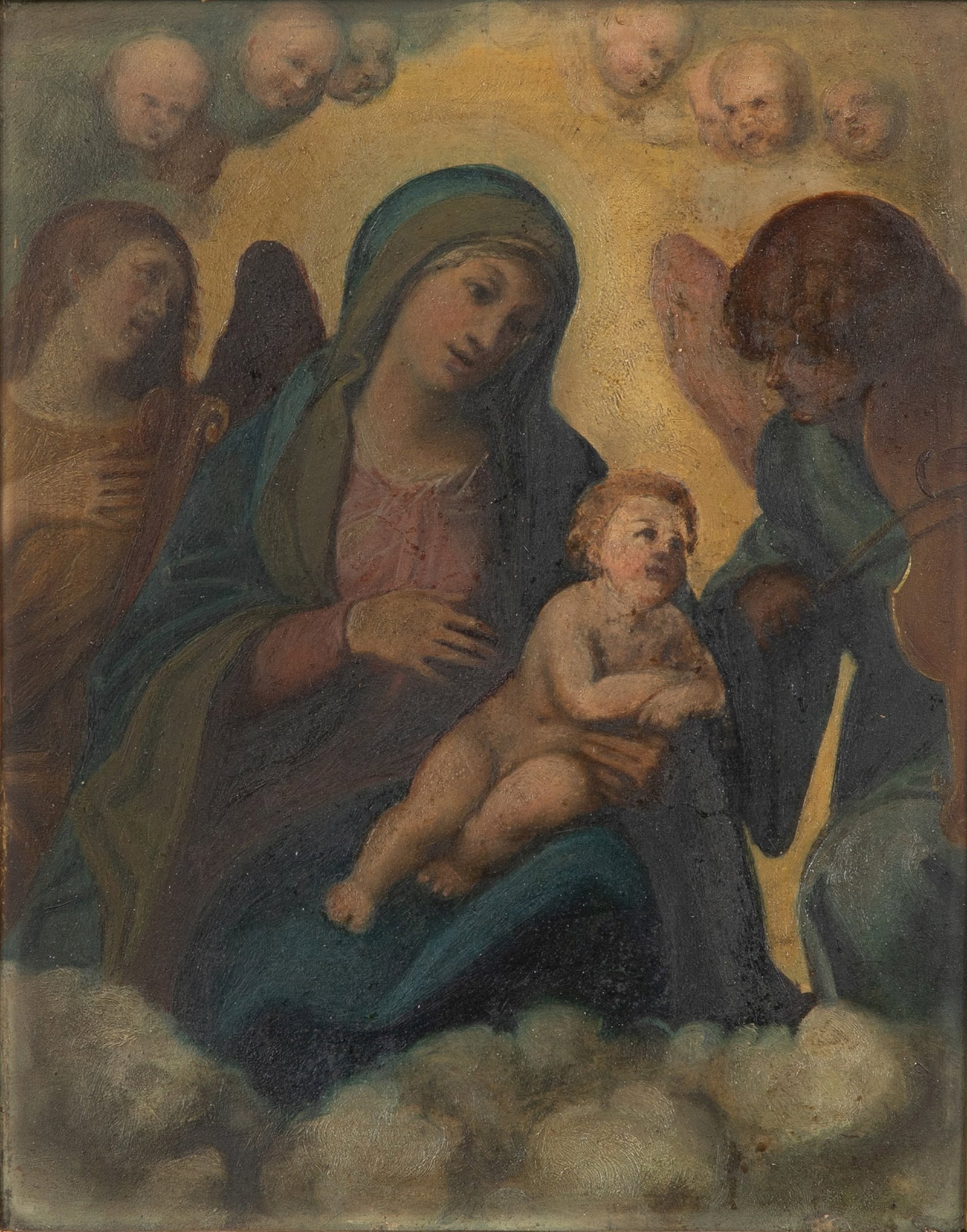 After Antonio Allegri da Correggio (Italian, 1489-1534) 'Madonna and Child in Glory' Oil on Panel: After Antonio Allegri da Correggio (Italian, 1489-1534) 'Madonna and Child in Glory' Oil on Panel After the original on display at the Uffizi Gallery, Florence, in a gold-tone gesso on carved wood fra