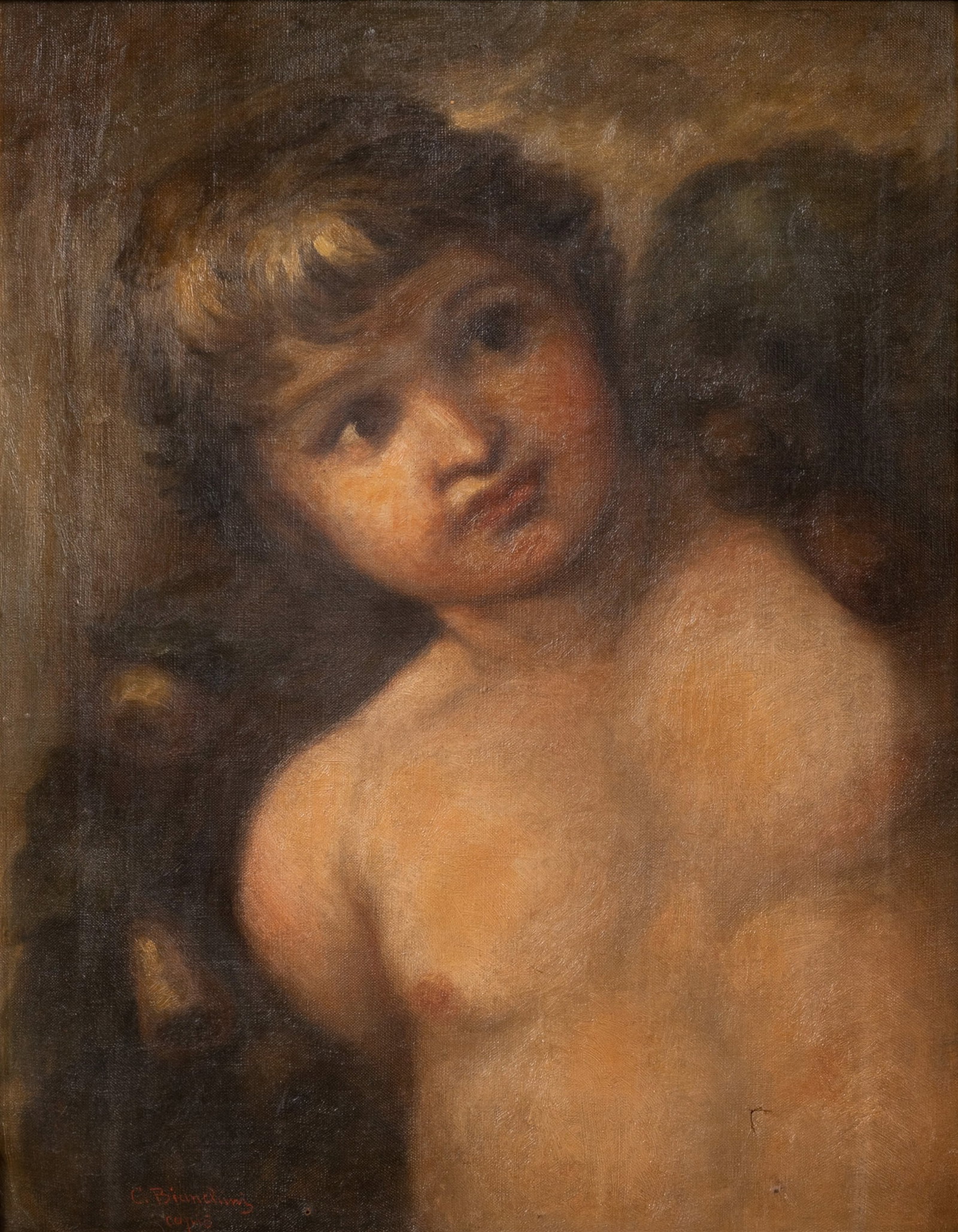 C. Bianchi (Italian, 20th Century) Oil on Canvas: C. Bianchi (Italian, 20th Century) Oil on Canvas Undated, signed lower left, depicting a bare-chested youth / putto in a gold-tone gesso on carved and pierced wood frame Property from: an Estate, Chic