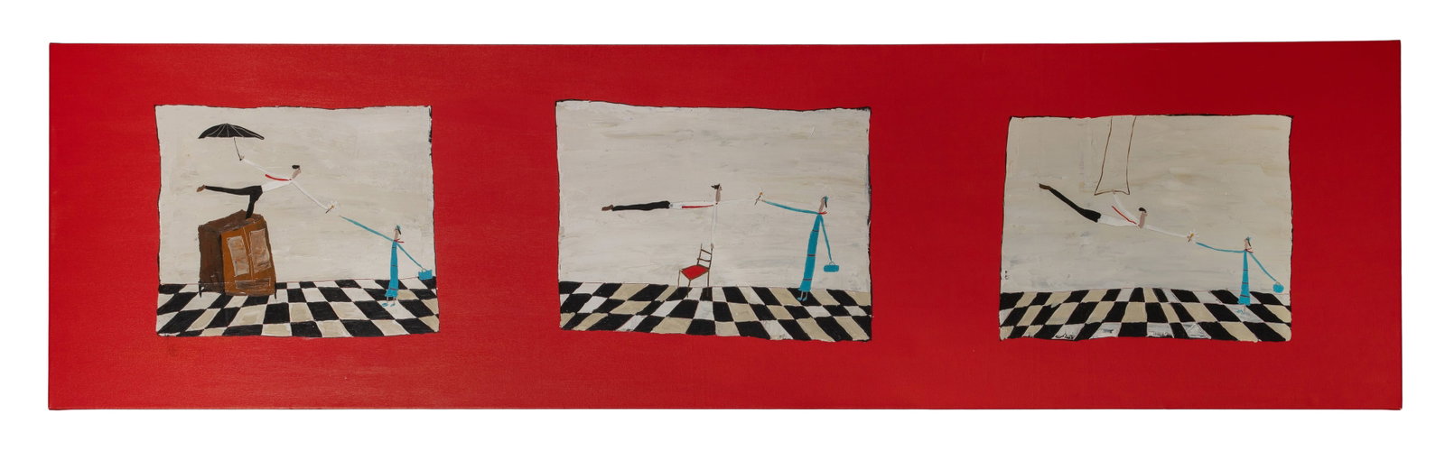 Felipe Gimenez (Argentinian, b.1963) 'Three Love Tests of Dr. Green' Acrylic on Canvas: Felipe Gimenez (Argentinian, b.1963) 'Three Love Tests of Dr. Green' Acrylic on Canvas Undated, signed verso, three panels depicting a man performing acrobatics for his love interest, unframed Propert