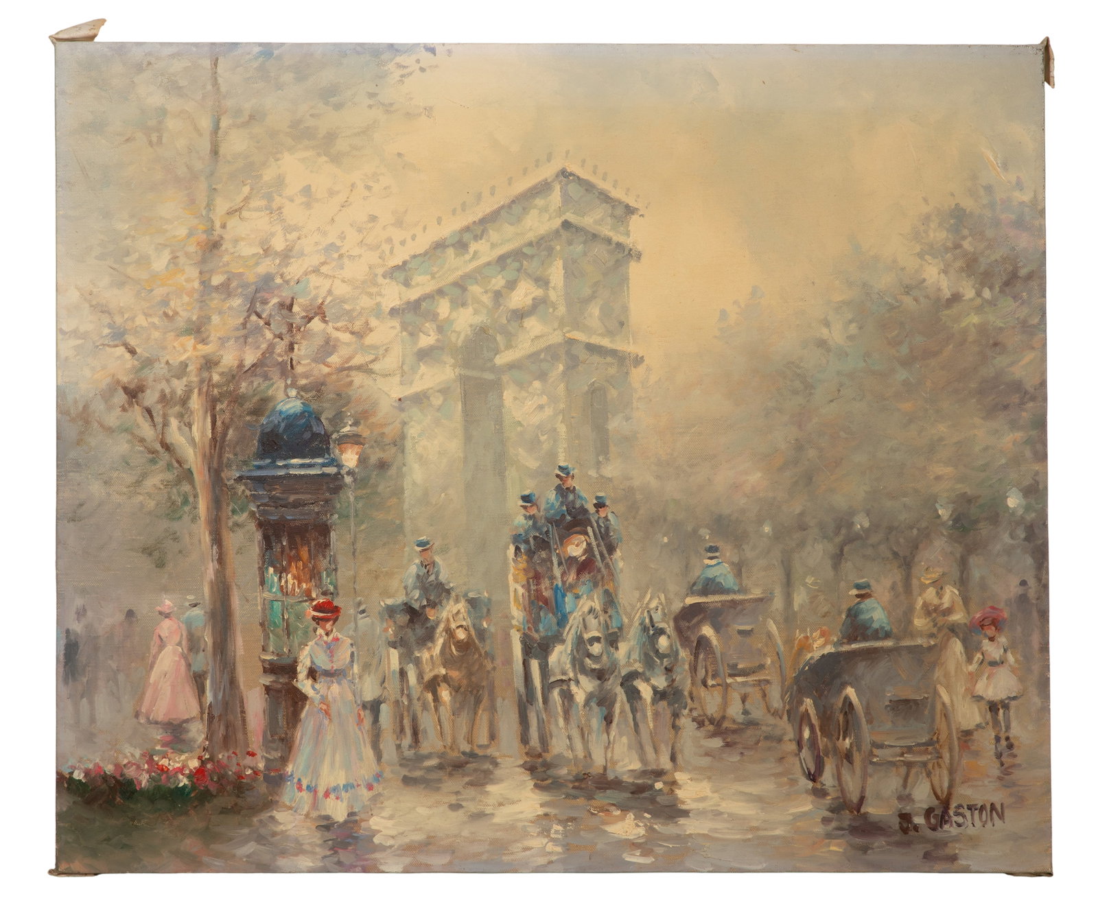 J. Gaston (American, 20th Century) Oil on Canvas: J. Gaston (American, 20th Century) Oil on Canvas Undated, signed, depicting a Parisian street scene, unframed Property from: an Estate, Chicago (Logan Square), Illinois Height: 20 inches, Width: 24 in