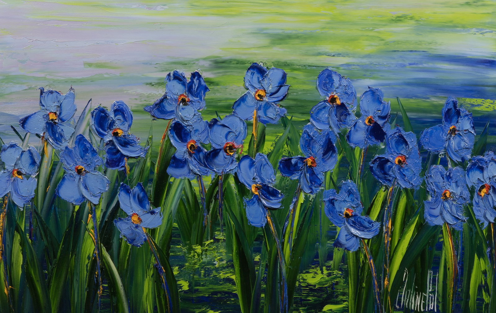 Jaline Pol (French, b.1946) 'Un Doux Parfum du Printemps' Oil on Canvas: Jaline Pol (French, b.1946) 'Un Doux Parfum du Printemps' Oil on Canvas Undated, signed, titled and resigned verso, impasto depiction of blue irises, in a gold-tone wood frame Property from: an Estate