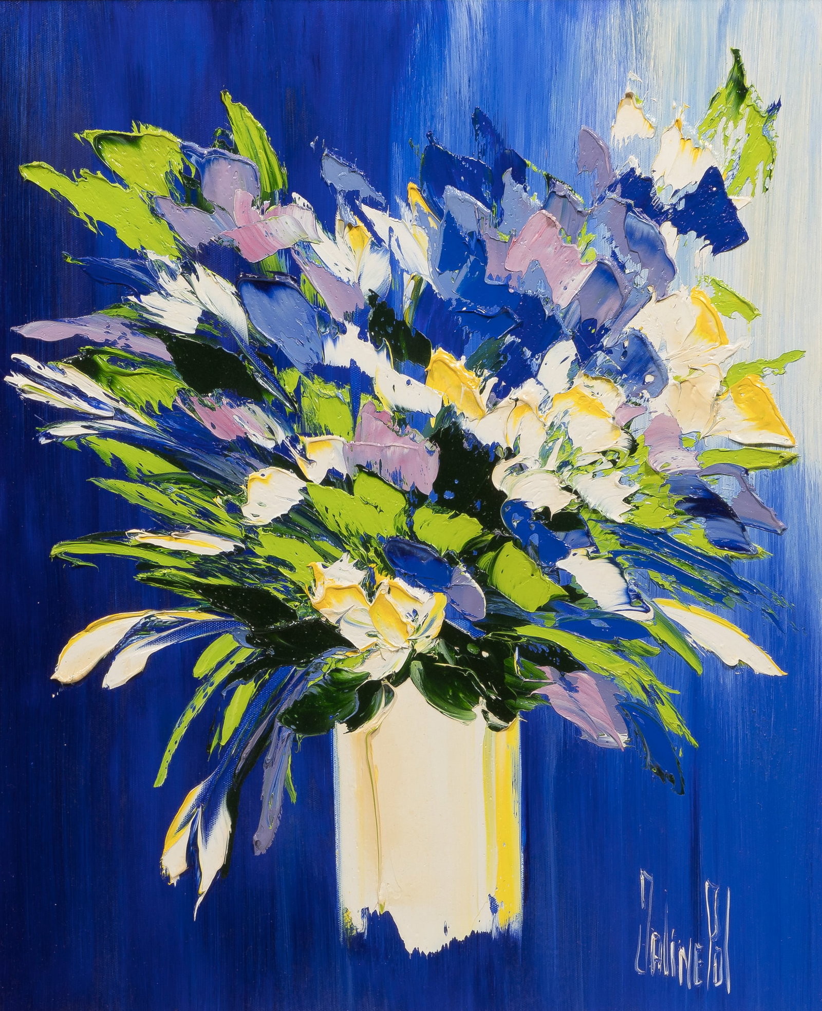 Jaline Pol (French, b.1946) 'Musique du Printemps' Oil on Canvas: Jaline Pol (French, b.1946) 'Musique du Printemps' Oil on Canvas Undated, signed, titled and resigned verso, impasto depiction of a floral still life having blue, white and yellow flowers in a white v