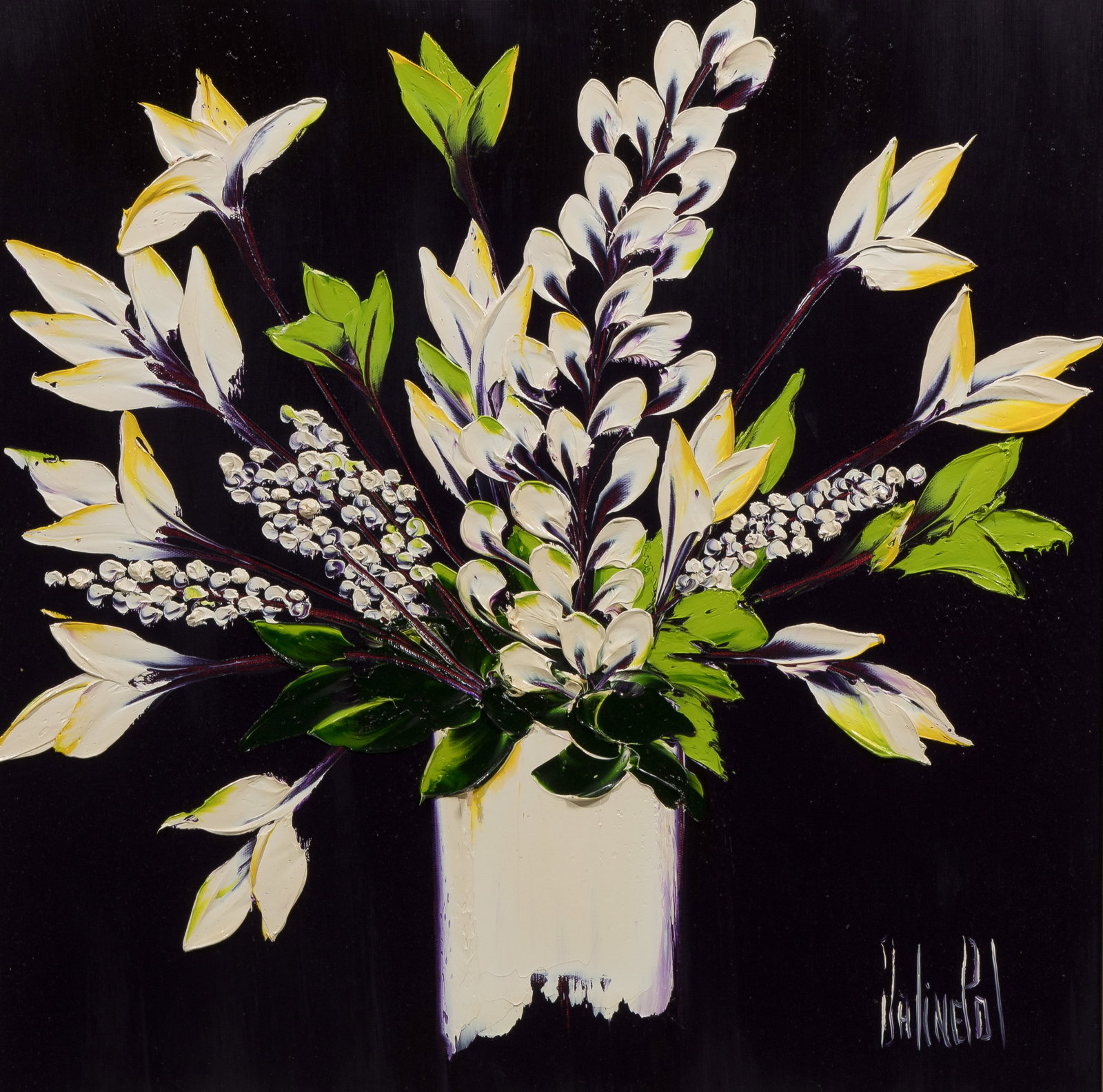 Jaline Pol (French, b.1946) 'Ephemere Beaute' Oil on Canvas: Jaline Pol (French, b.1946) 'Ephemere Beaute' Oil on Canvas Undated, signed, titled and resigned verso, depicting an impasto floral still life having white and yellow blossoms in a stylized white vase