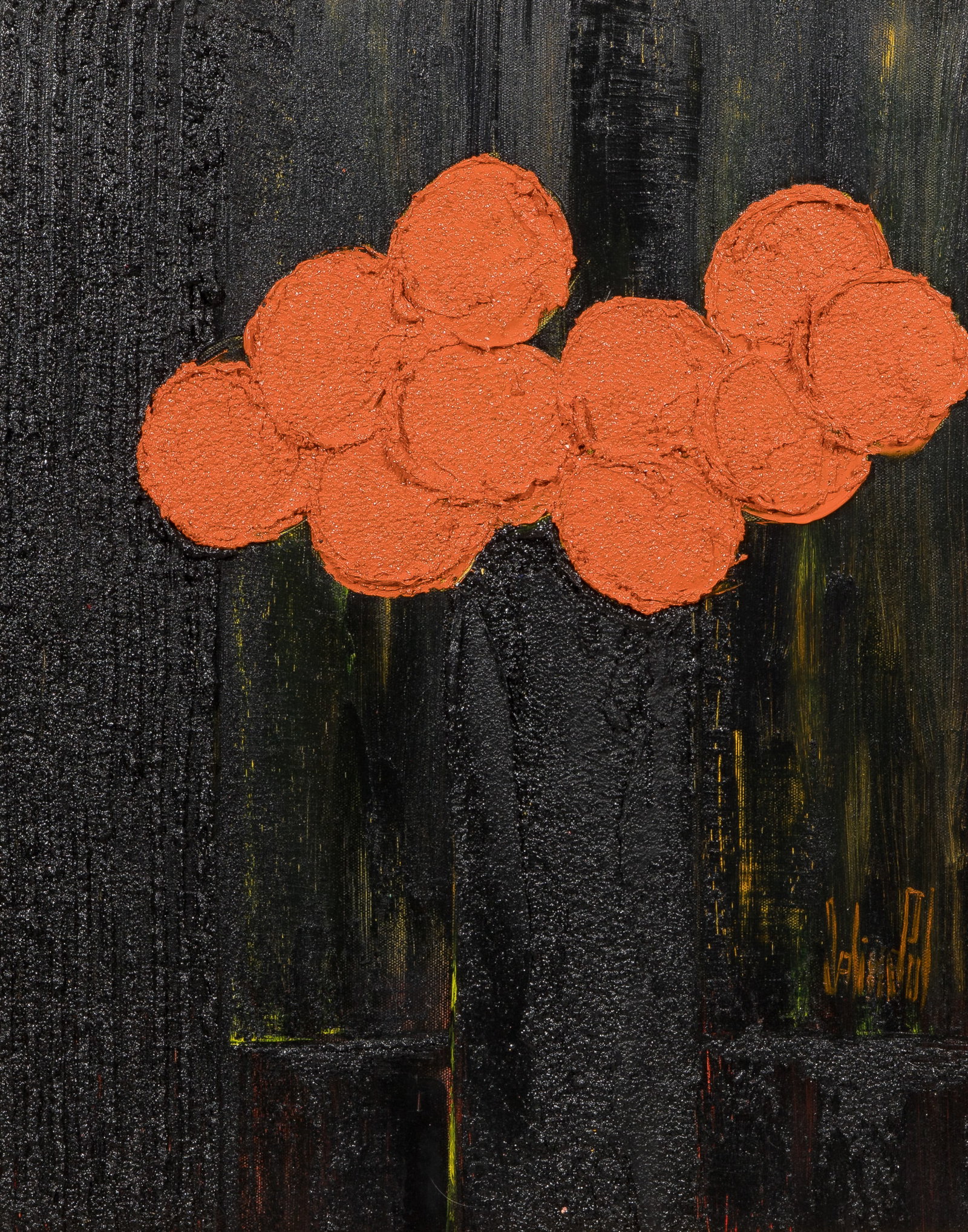 Jaline Pol (French, b.1946) 'A Laube diu Soir' Oil on Board: Jaline Pol (French, b.1946) 'A Laube diu Soir' Oil on Board 2015, signed, impasto floral geometric clusters, over dark color-blocked background, matted in a wood frame, French inscriptions verso Prope