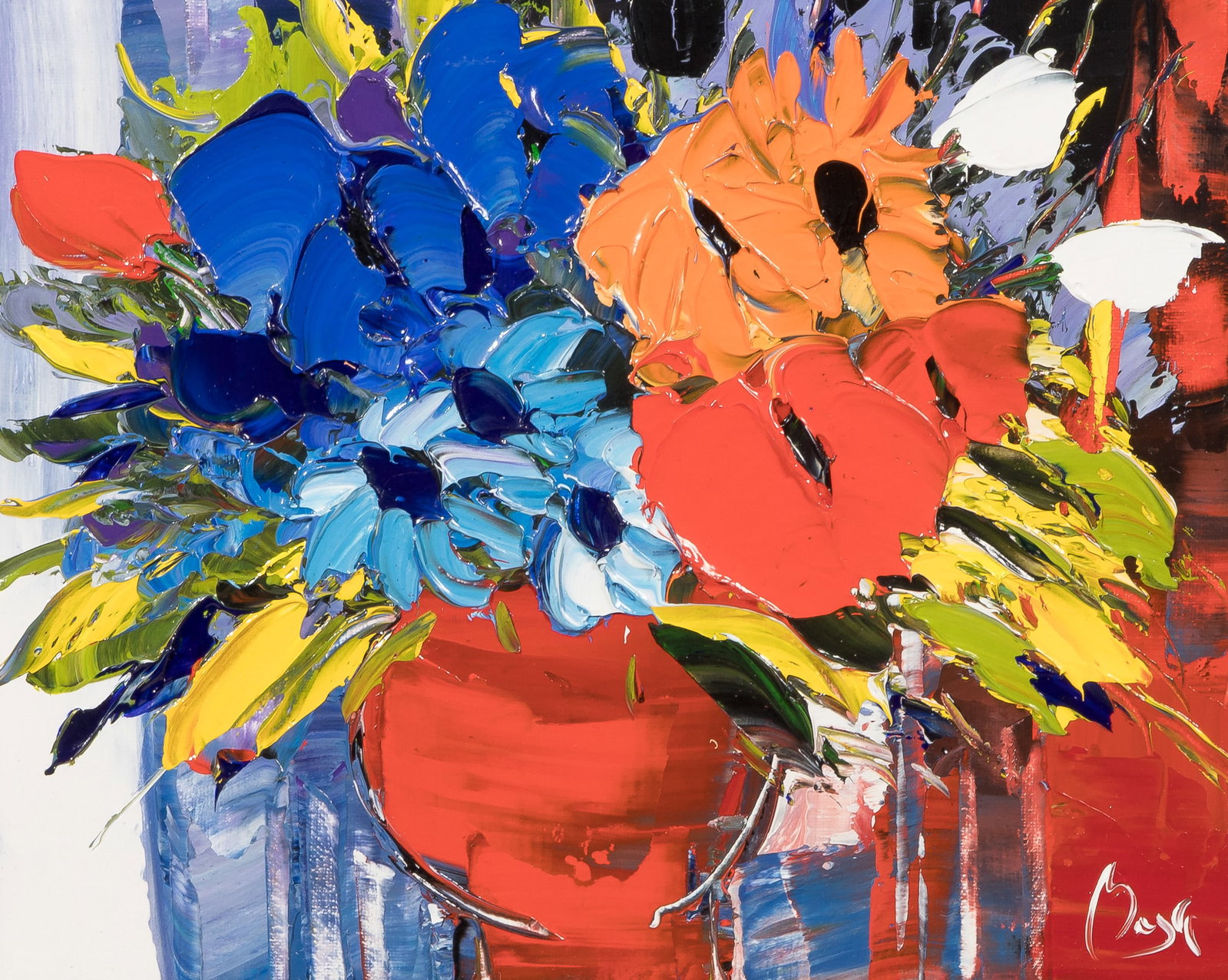 Louis Magre (French, b.1955) 'The Joyous Flowers' Oil on Canvas: Louis Magre (French, b.1955) 'The Joyous Flowers' Oil on Canvas Undated, signed, impasto style, depicting a bouquet in blues, oranges and reds, arranged in a red vase, in a gold-tone painted wood fram