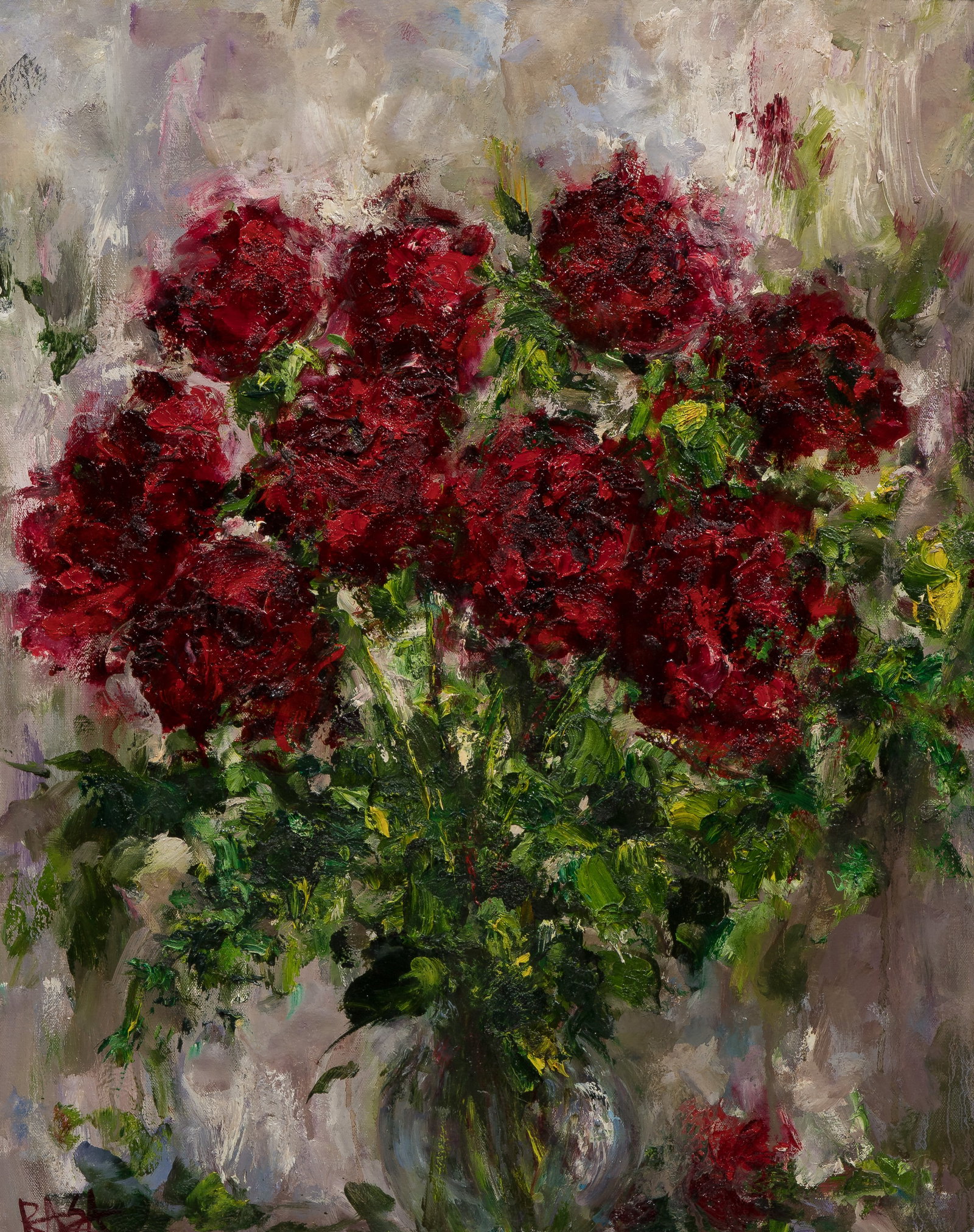 Rasa Kluonius (Lithuanian, b.1965) Oil on Canvas: Rasa Kluonius (Lithuanian, b.1965) Oil on Canvas Undated, signed, impasto painting depicting deep red roses in a vase, in a gold-tone painted frame Property from: an Estate, Elkhart, Indiana Height: 3