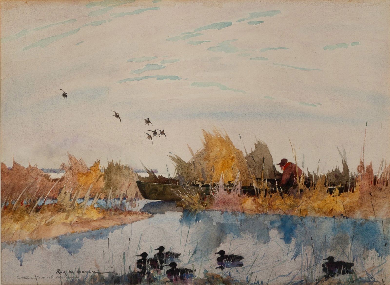 Roy Martell Mason (American, 1886-1972) Watercolor: Roy Martell Mason (American, 1886-1972) Watercolor Undated, ink signed, pencil inscribed, depicting a duck hunter in a boat, in a painted wood frame Property from: a Private Estate, Downers Grove, Ill