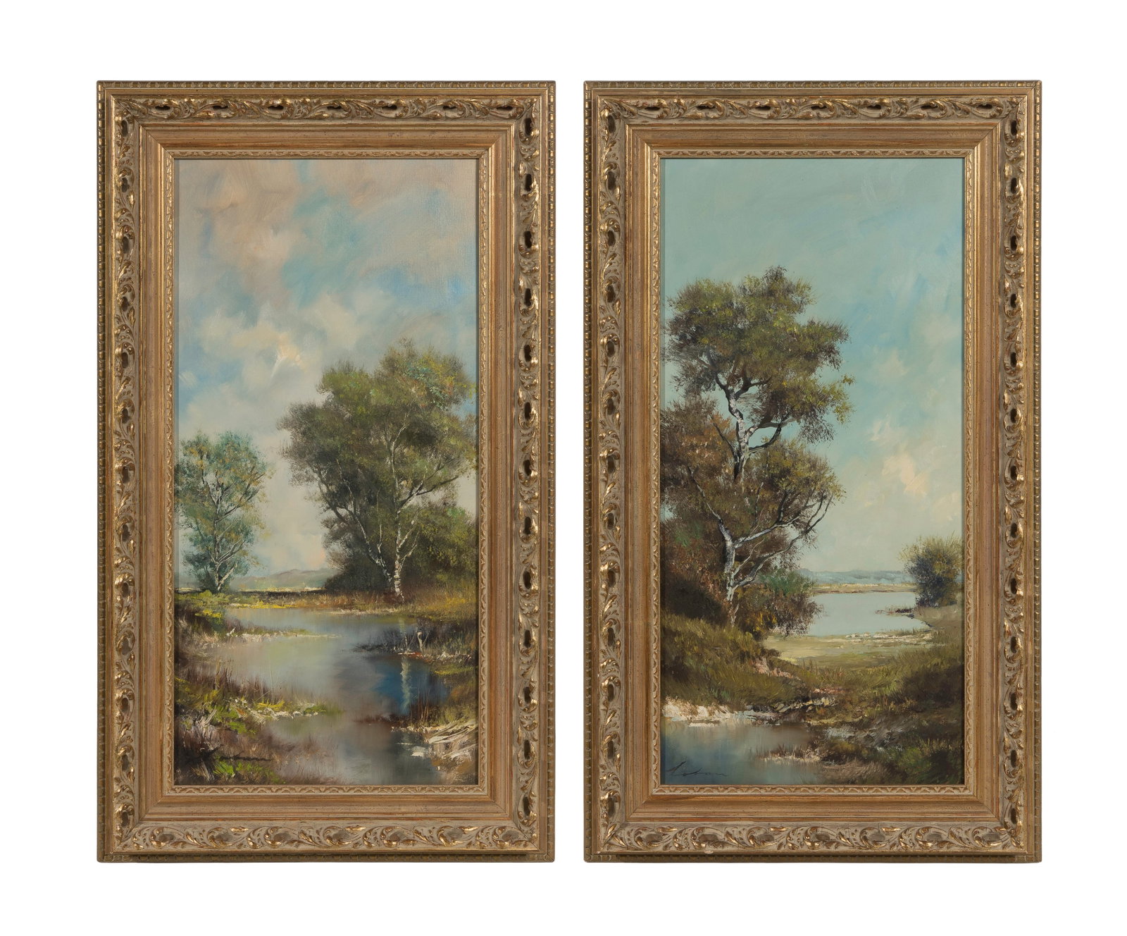 S. Lobau (German, 20th Century) Oil on Canvas: S. Lobau (German, 20th Century) Oil on Canvas (2) undated, signed vertical landscapes of a tranquil country riverside, pond and trees under partly cloudy skies, in giltwood frames, biography card vers
