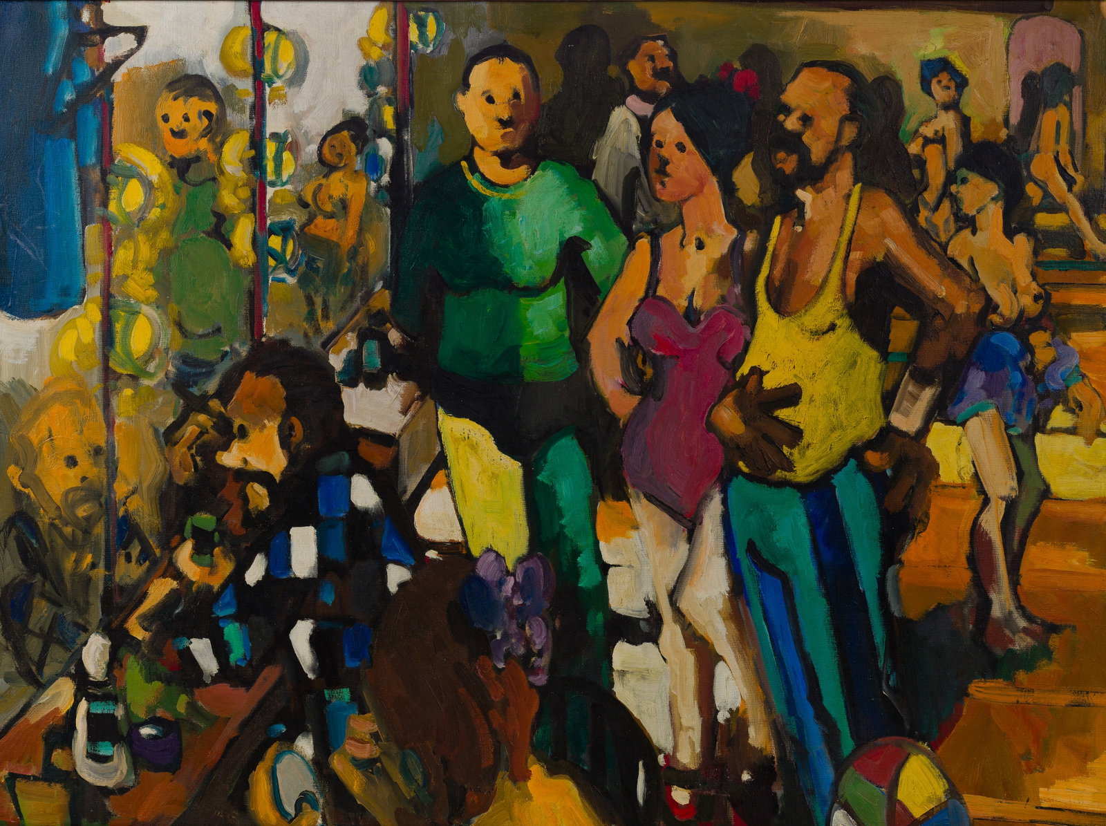 Unknown Artist (20th Century) Oil on Canvas: Unknown Artist (20th Century) Oil on Canvas Undated, unsigned, depicting a crowded interior scene having stylized figures in vibrant colors, in a wood frame Provenance: From the collection of Mary Kay