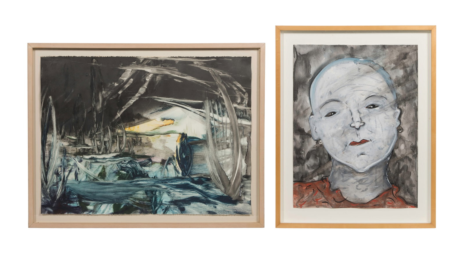 Various Artists (20th Century) Watercolor and Monotype: Various Artists (20th Century) Watercolor and Monotype (2) items including a 1992 signed Kimberly Piotroski abstract monotype and a 2000 signed E. Kramer watercolor of a face, both float mounted under