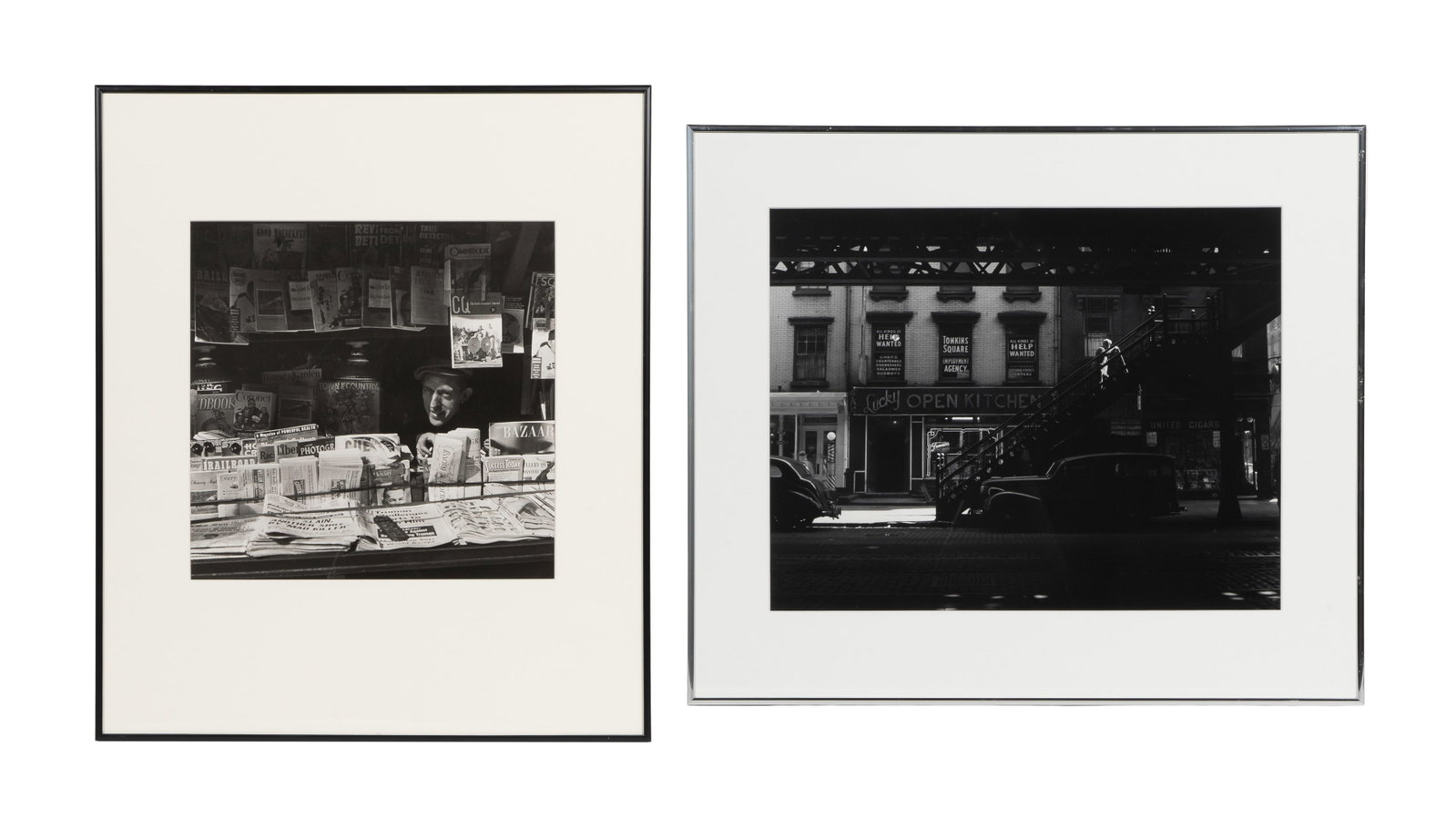 Godfrey Frankel (American, 1912-1995) Gelatin Silver Prints: Godfrey Frankel (American, 1912-1995) Gelatin Silver Prints (2) undated, unsigned items including 'Newsstand' having a newsagent peering out from his stand and 'Stairway to 3d Avenue Elevated' depicti