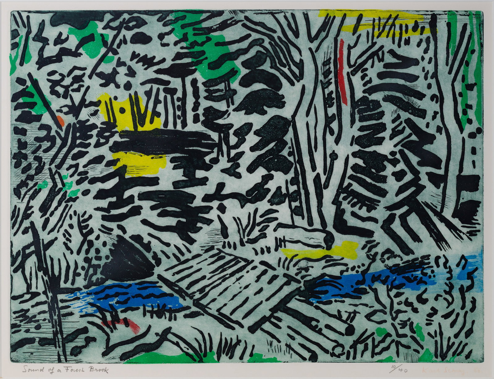 Karl Schrag (German / American, 1912-1995) 'Sound of a Forest Brook' Aquatint: Karl Schrag (German / American, 1912-1995) 'Sound of a Forest Brook' Aquatint 1986, pencil signed, #10/40, depicting an abstracted forest creek, matted behind glass in neutral wood frame Property from