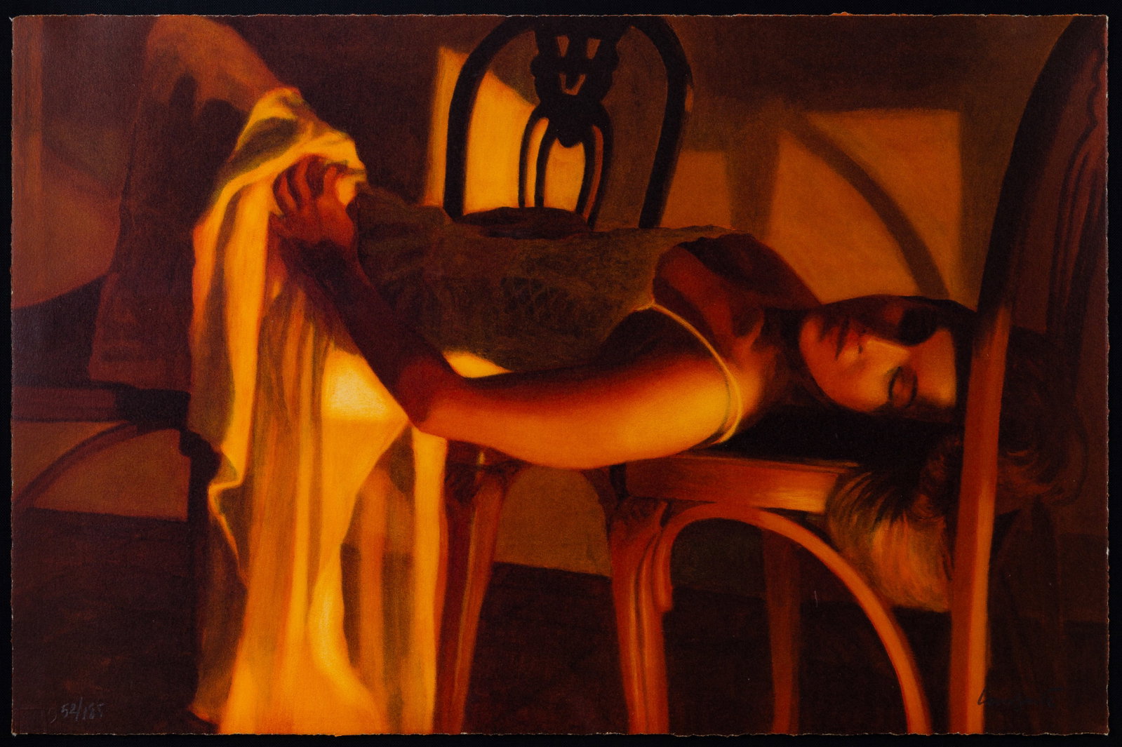 Ramon Lombarte (Spanish, 1956-2021) Lithograph: Ramon Lombarte (Spanish, 1956-2021) Lithograph Undated, pencil signed, #52/185, depicting a woman laying across chairs, float mounted, under acrylic in a wood frame Property from: a Private Collector,
