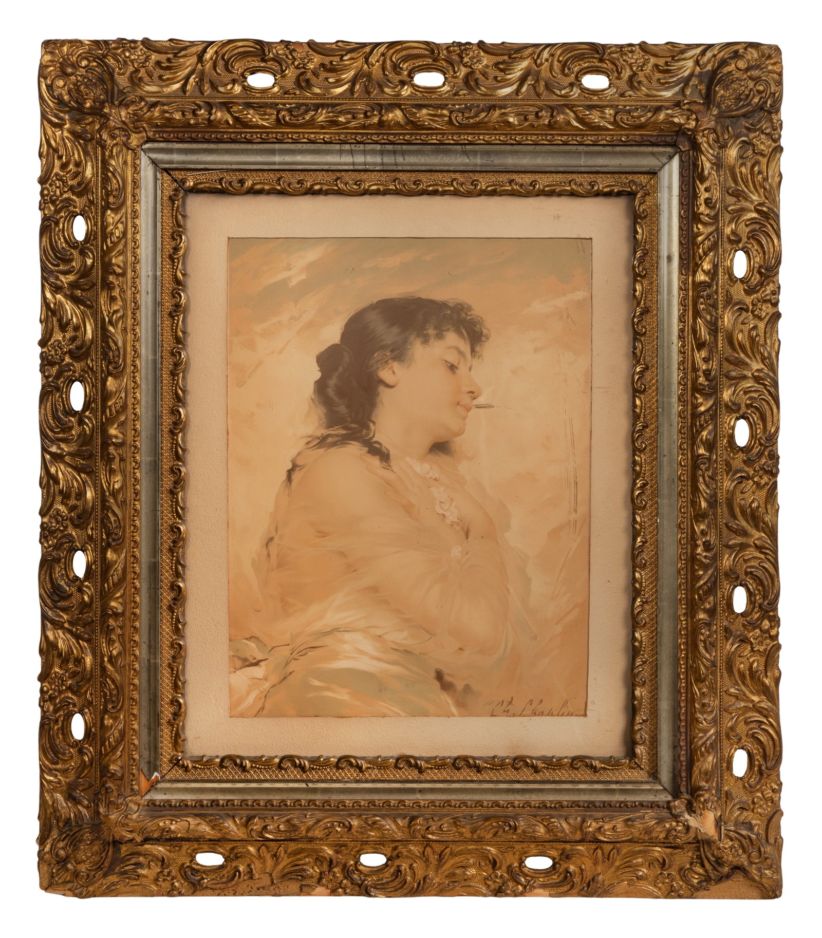 After Charles Chaplin (French, 1825-1891) Lithograph: After Charles Chaplin (French, 1825-1891) Lithograph Undated, printed signature (partially obscured by frame), after the 19th century painting, matted behind glass in a gold-tone gesso on carved wood 